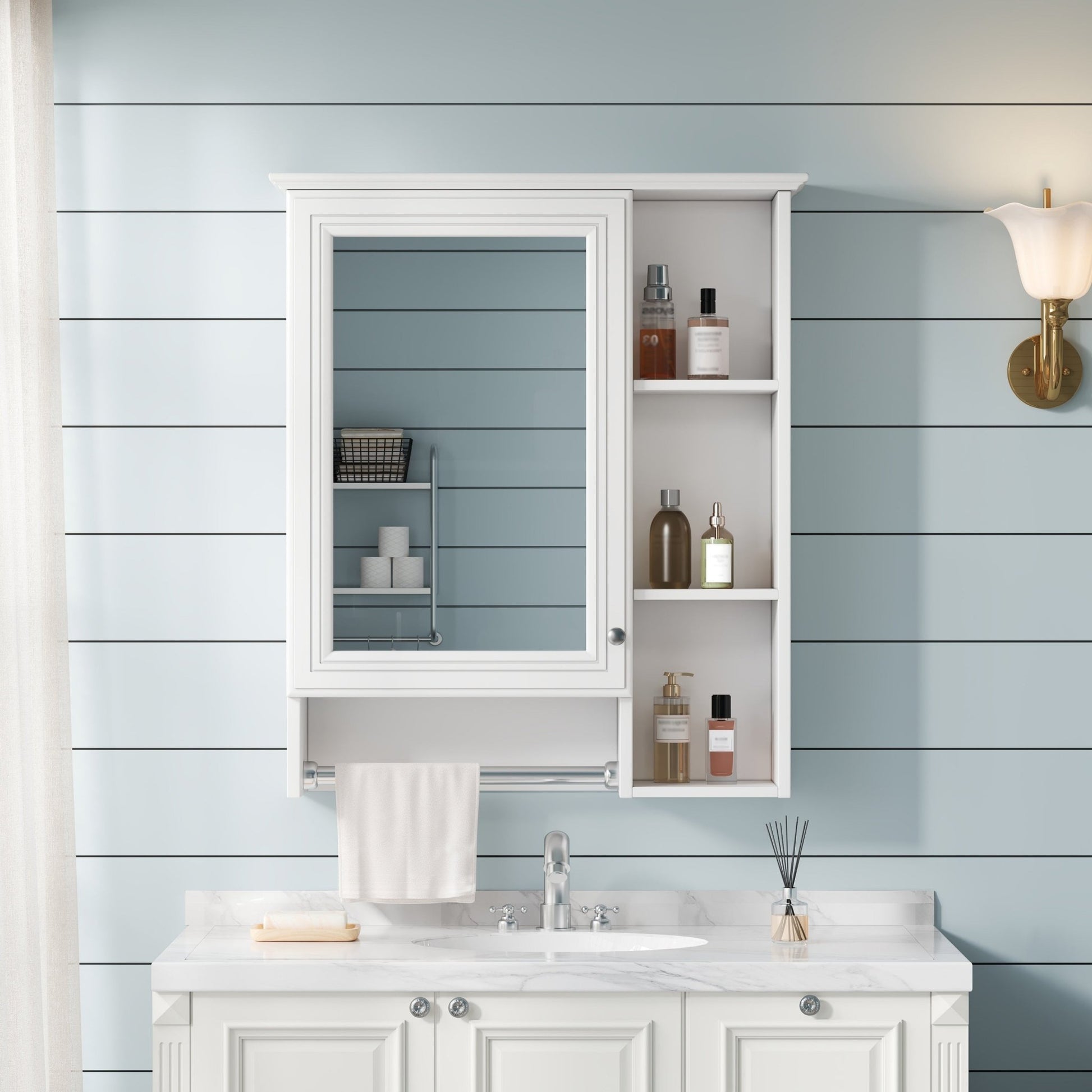 3 - in - 1 Wall - Mounted Bathroom Mirror Cabinet with Adjustable Shelf and Towel Bar, White Solid Wood Finish, 24 - inch Modern Storage Cabinet - 1st Choice Furniture Direct