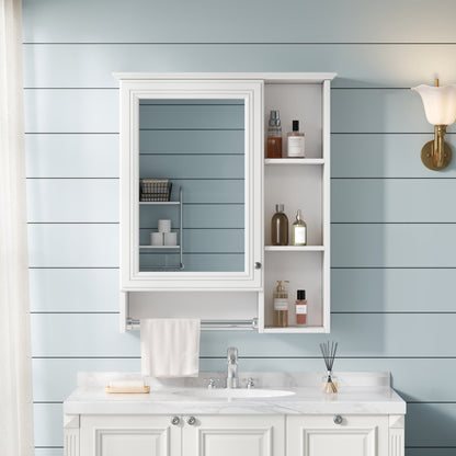 3 - in - 1 Wall - Mounted Bathroom Mirror Cabinet with Adjustable Shelf and Towel Bar, White Solid Wood Finish, 24 - inch Modern Storage Cabinet - 1st Choice Furniture Direct