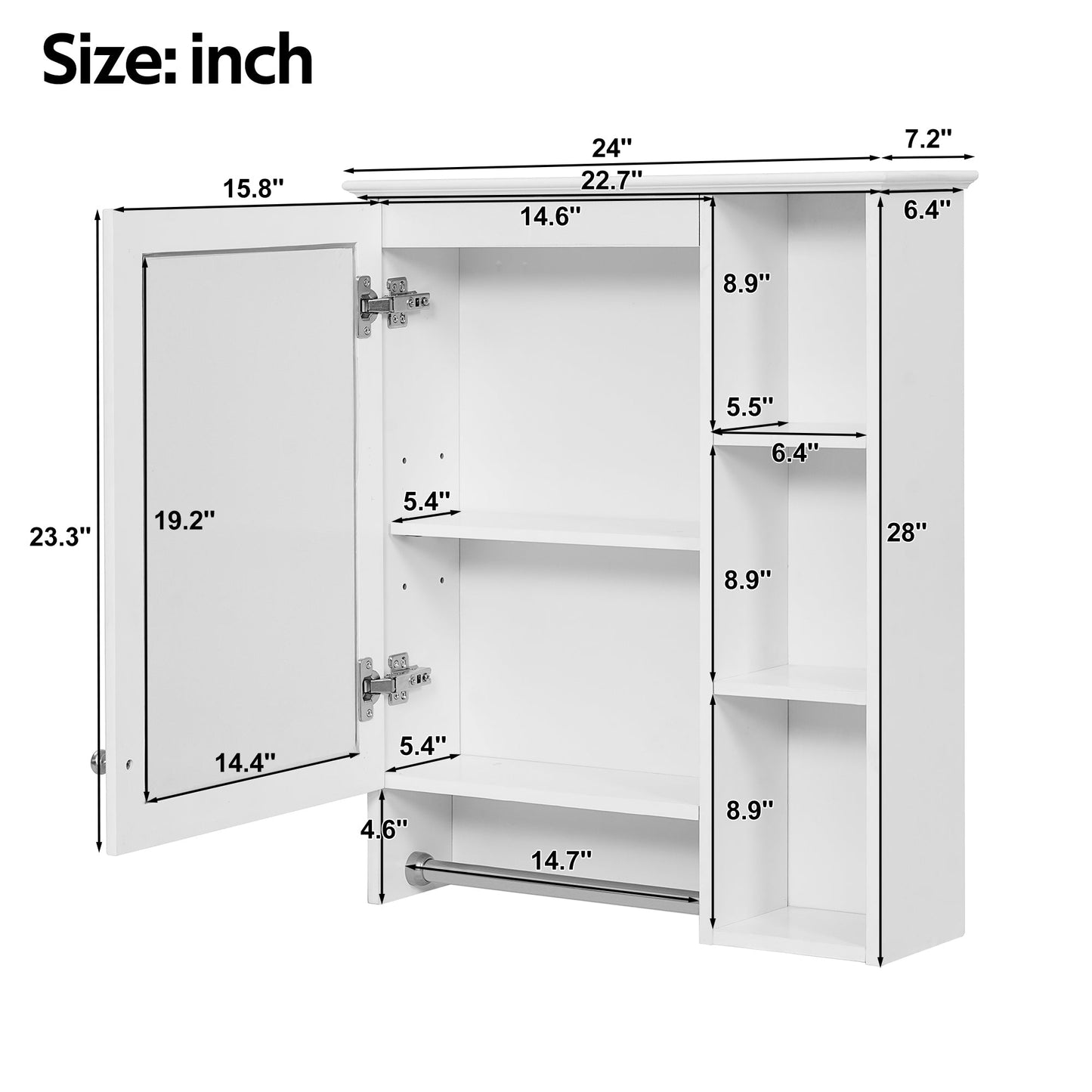 3 - in - 1 Wall - Mounted Bathroom Mirror Cabinet with Adjustable Shelf and Towel Bar, White Solid Wood Finish, 24 - inch Modern Storage Cabinet - 1st Choice Furniture Direct