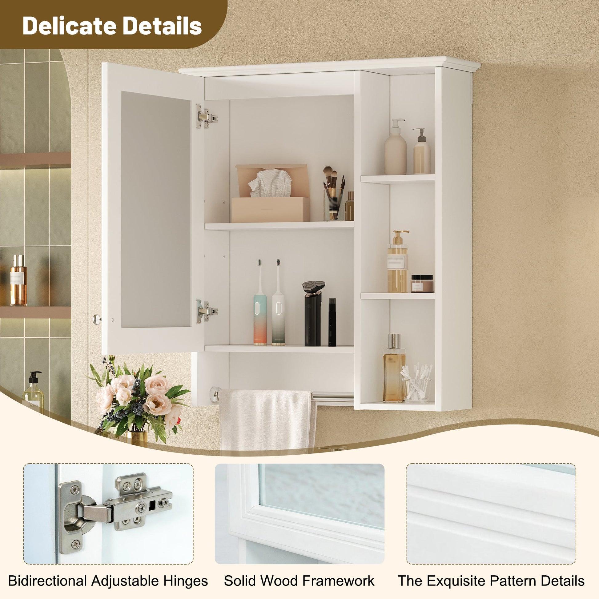 3 - in - 1 Wall - Mounted Bathroom Mirror Cabinet with Adjustable Shelf and Towel Bar, White Solid Wood Finish, 24 - inch Modern Storage Cabinet - 1st Choice Furniture Direct