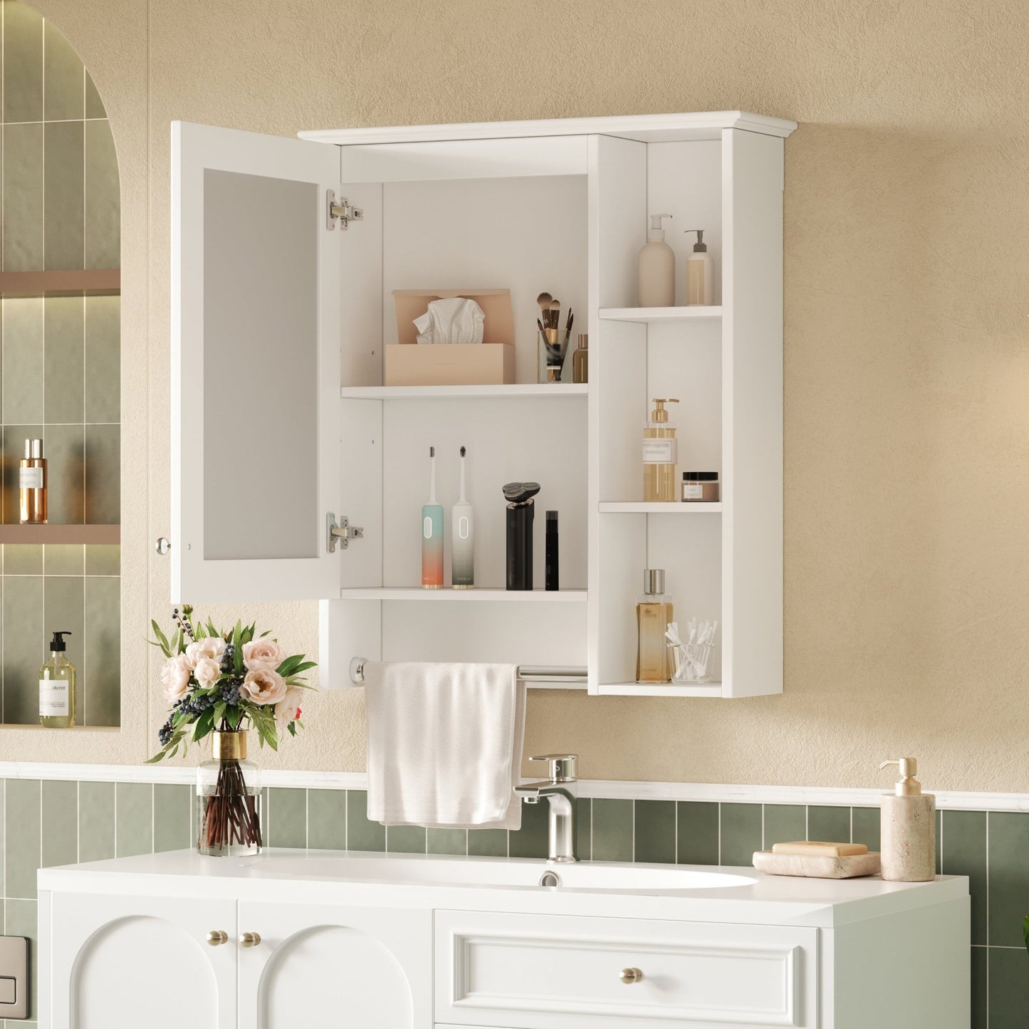 3 - in - 1 Wall - Mounted Bathroom Mirror Cabinet with Adjustable Shelf and Towel Bar, White Solid Wood Finish, 24 - inch Modern Storage Cabinet - 1st Choice Furniture Direct
