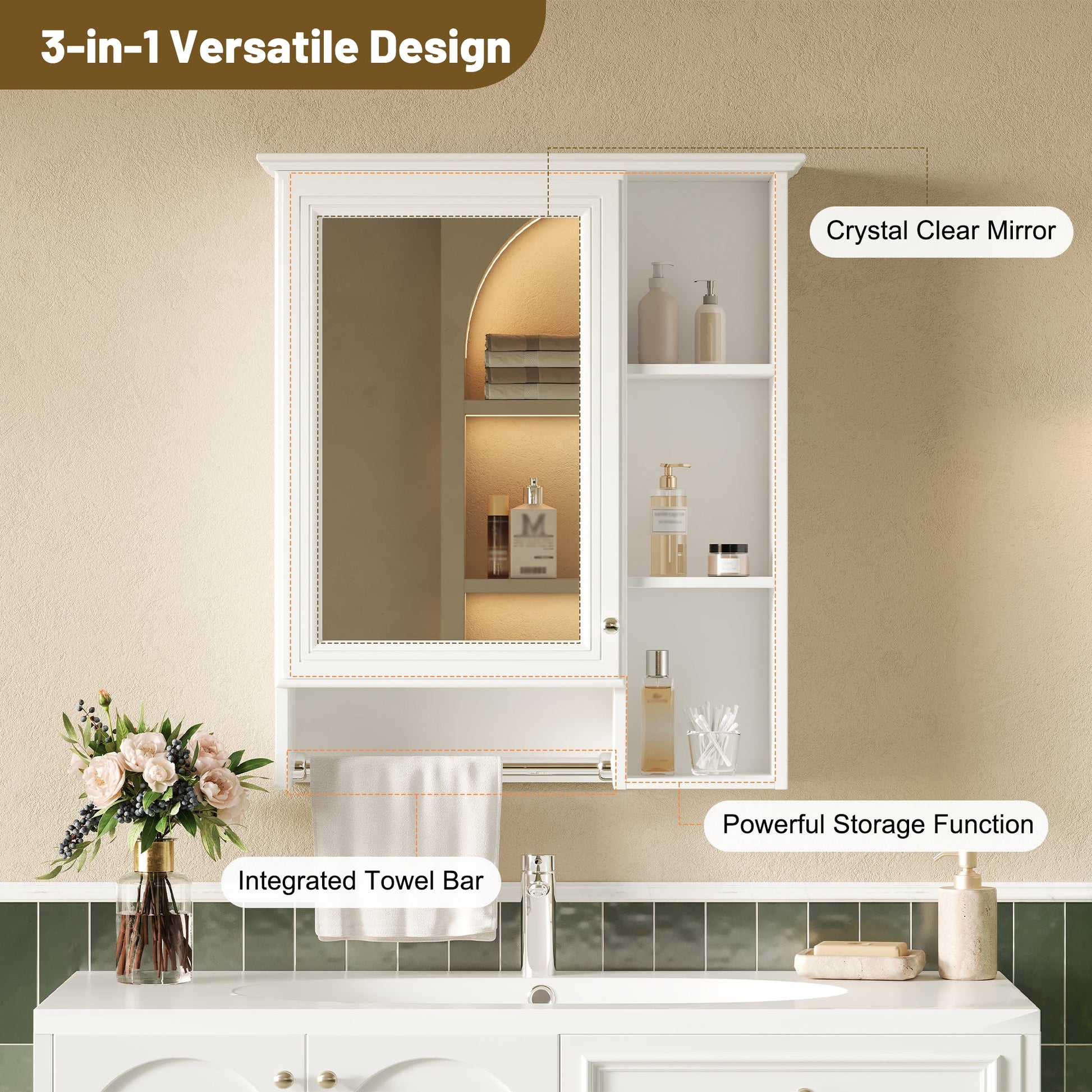 3 - in - 1 Wall - Mounted Bathroom Mirror Cabinet with Adjustable Shelf and Towel Bar, White Solid Wood Finish, 24 - inch Modern Storage Cabinet - 1st Choice Furniture Direct