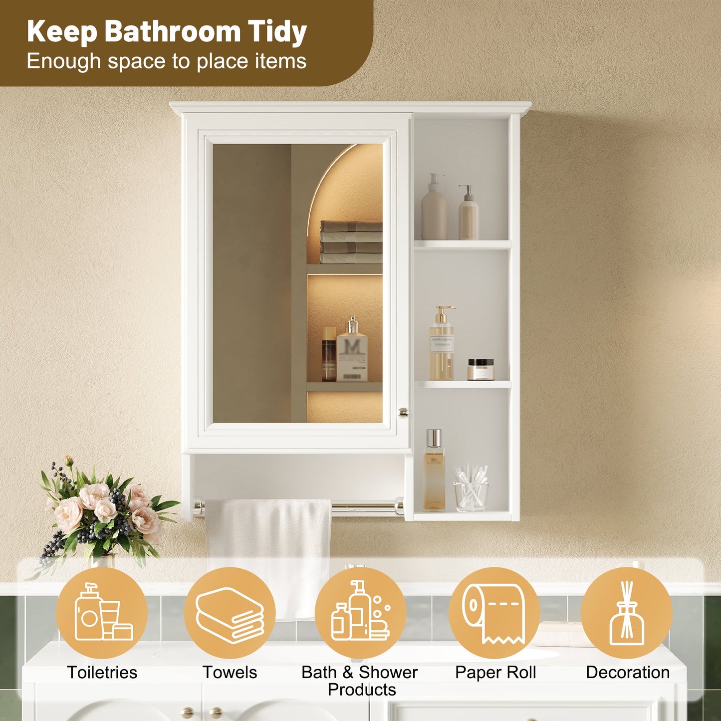 3 - in - 1 Wall - Mounted Bathroom Mirror Cabinet with Adjustable Shelf and Towel Bar, White Solid Wood Finish, 24 - inch Modern Storage Cabinet - 1st Choice Furniture Direct