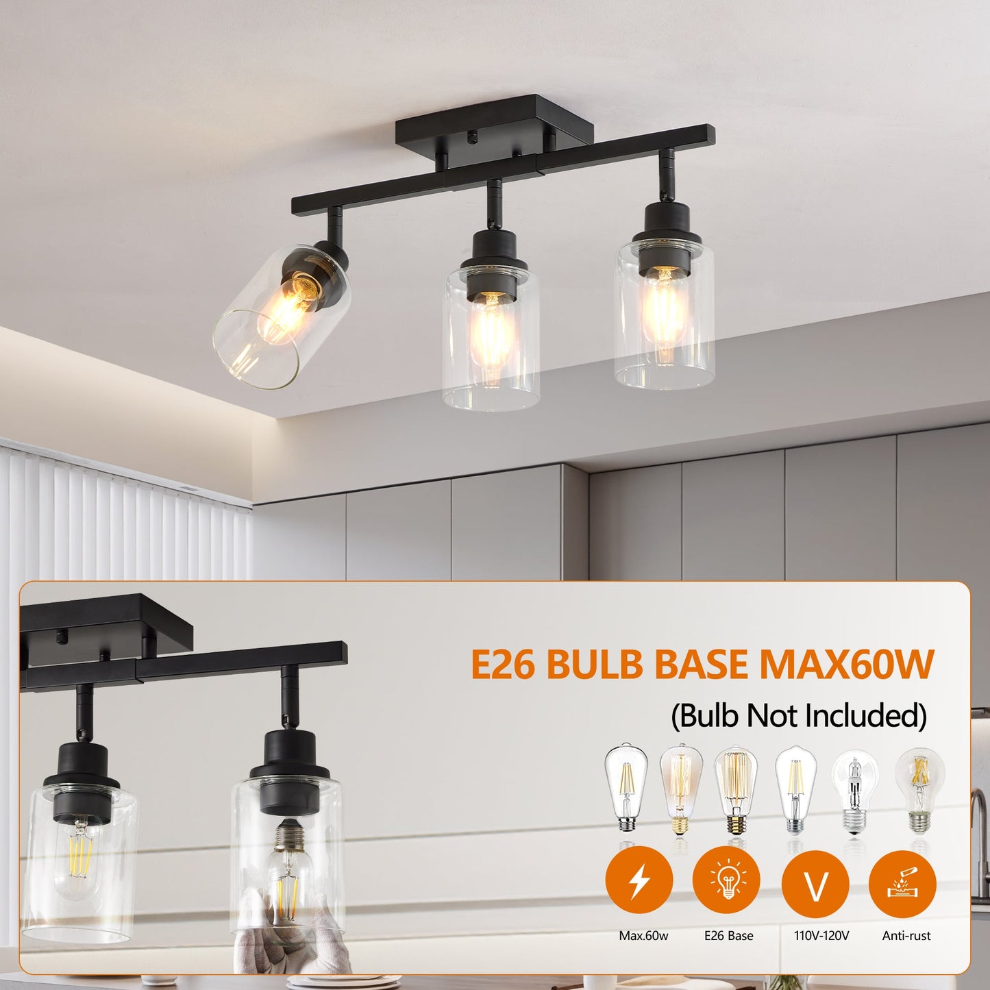 3 - Lights Semi Flush Mount Ceiling Light, Adjustable Kitchen Light Fixtures Ceiling Mount with Clear Glass Shades, Rotatable Black Track Lighting Fixtures for Hallway, Foyer, Bedroom(Bulb Not Included) - 1st Choice Furniture Direct