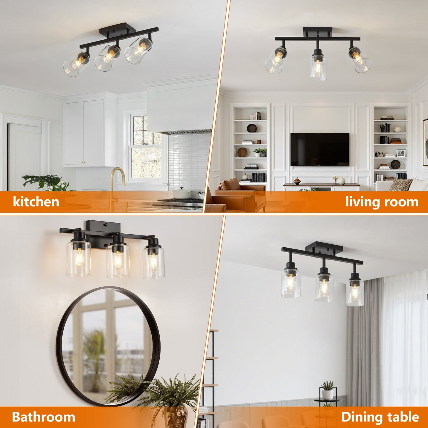 3 - Lights Semi Flush Mount Ceiling Light, Adjustable Kitchen Light Fixtures Ceiling Mount with Clear Glass Shades, Rotatable Black Track Lighting Fixtures for Hallway, Foyer, Bedroom(Bulb Not Included) - 1st Choice Furniture Direct