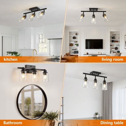 3 - Lights Semi Flush Mount Ceiling Light, Adjustable Kitchen Light Fixtures Ceiling Mount with Clear Glass Shades, Rotatable Black Track Lighting Fixtures for Hallway, Foyer, Bedroom(Bulb Not Included) - 1st Choice Furniture Direct