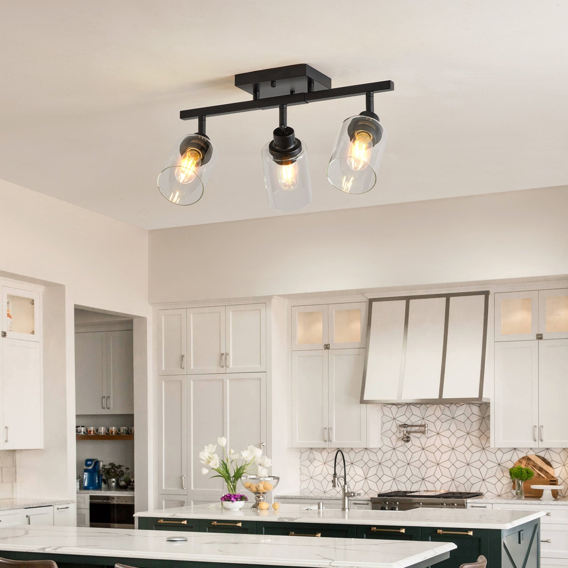 3 - Lights Semi Flush Mount Ceiling Light, Adjustable Kitchen Light Fixtures Ceiling Mount with Clear Glass Shades, Rotatable Black Track Lighting Fixtures for Hallway, Foyer, Bedroom(Bulb Not Included) - 1st Choice Furniture Direct