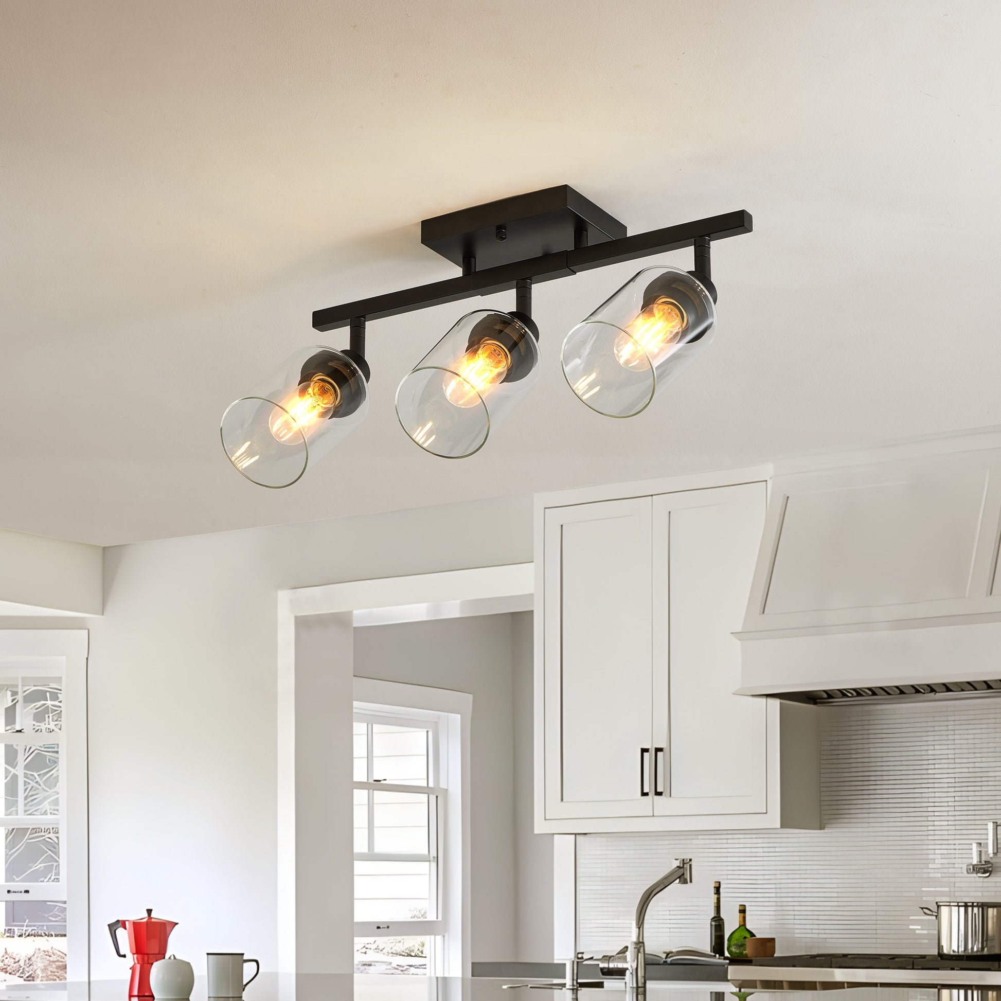 3 - Lights Semi Flush Mount Ceiling Light, Adjustable Kitchen Light Fixtures Ceiling Mount with Clear Glass Shades, Rotatable Black Track Lighting Fixtures for Hallway, Foyer, Bedroom(Bulb Not Included) - 1st Choice Furniture Direct