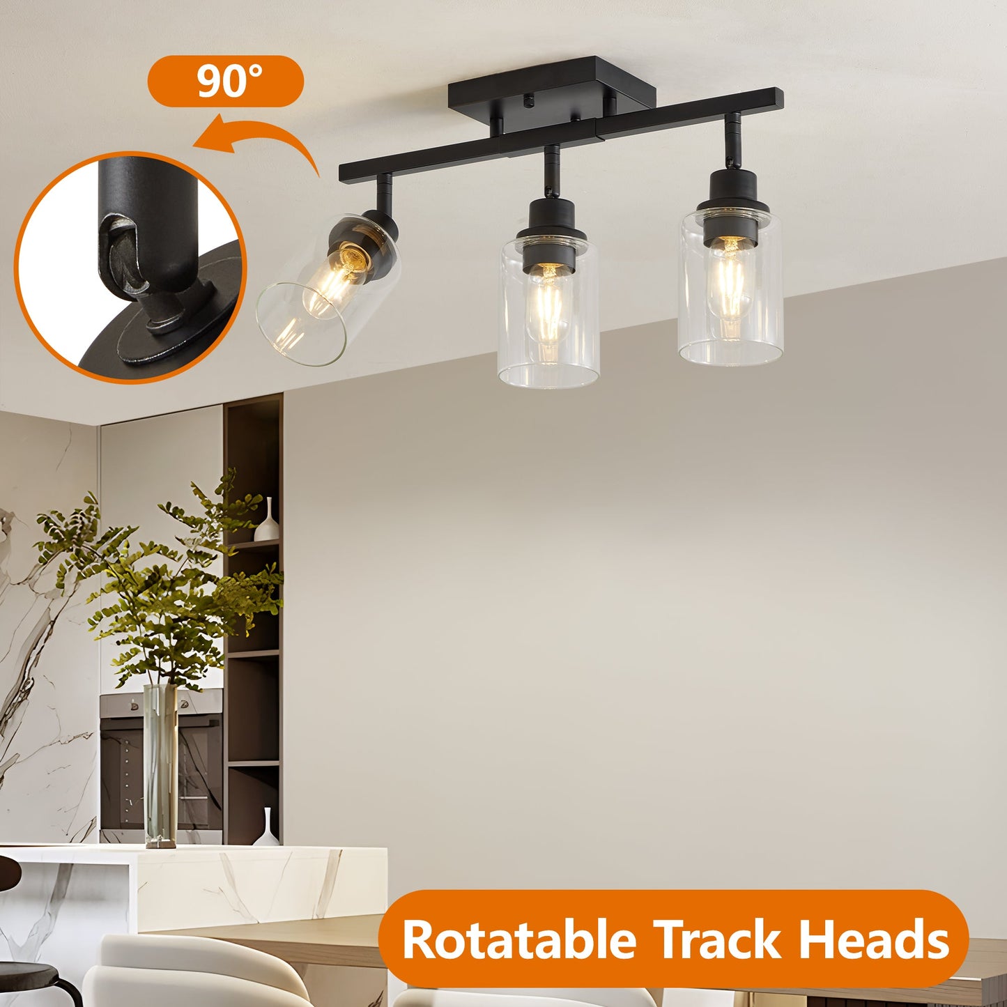 3 - Lights Semi Flush Mount Ceiling Light, Adjustable Kitchen Light Fixtures Ceiling Mount with Clear Glass Shades, Rotatable Black Track Lighting Fixtures for Hallway, Foyer, Bedroom(Bulb Not Included) - 1st Choice Furniture Direct