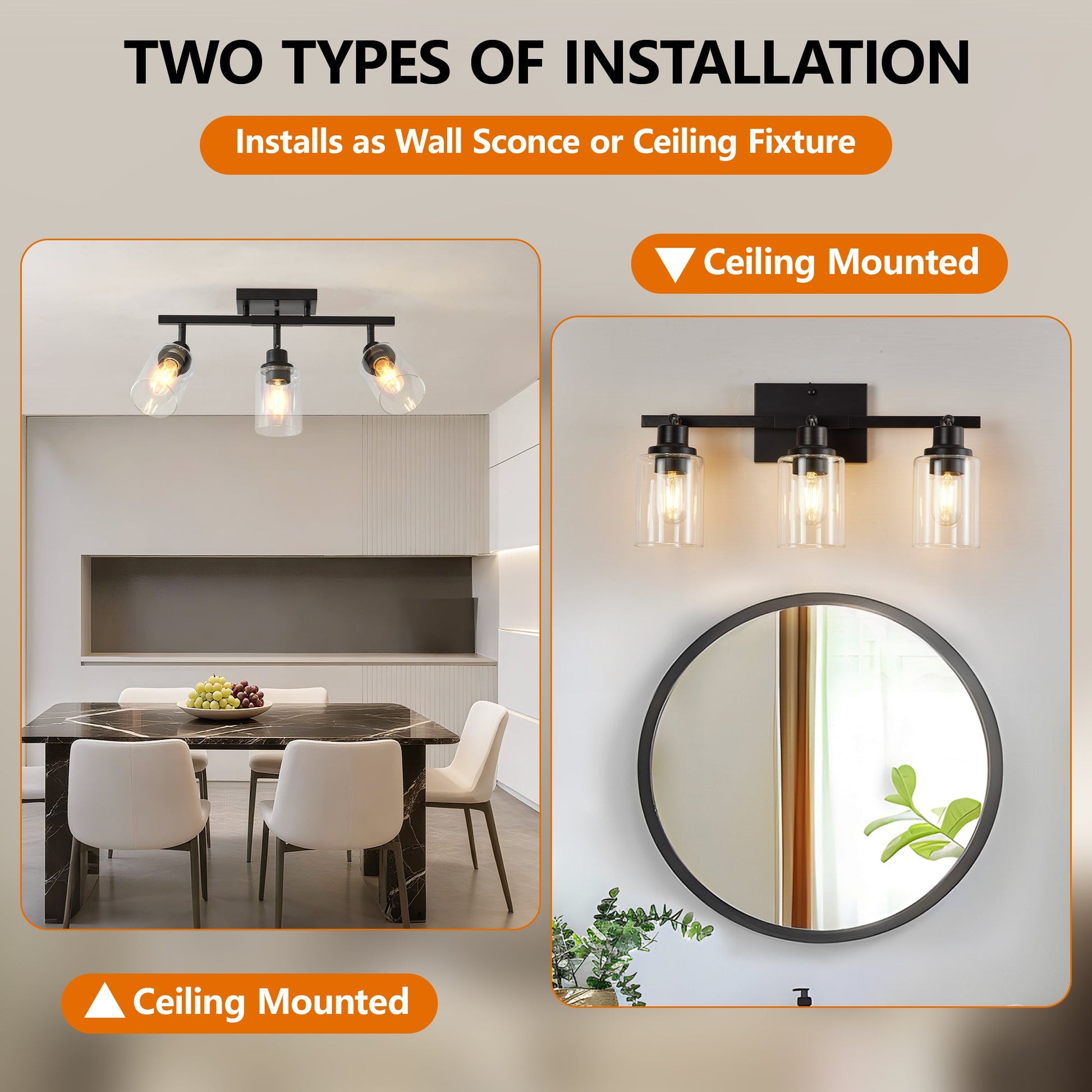 3 - Lights Semi Flush Mount Ceiling Light, Adjustable Kitchen Light Fixtures Ceiling Mount with Clear Glass Shades, Rotatable Black Track Lighting Fixtures for Hallway, Foyer, Bedroom(Bulb Not Included) - 1st Choice Furniture Direct