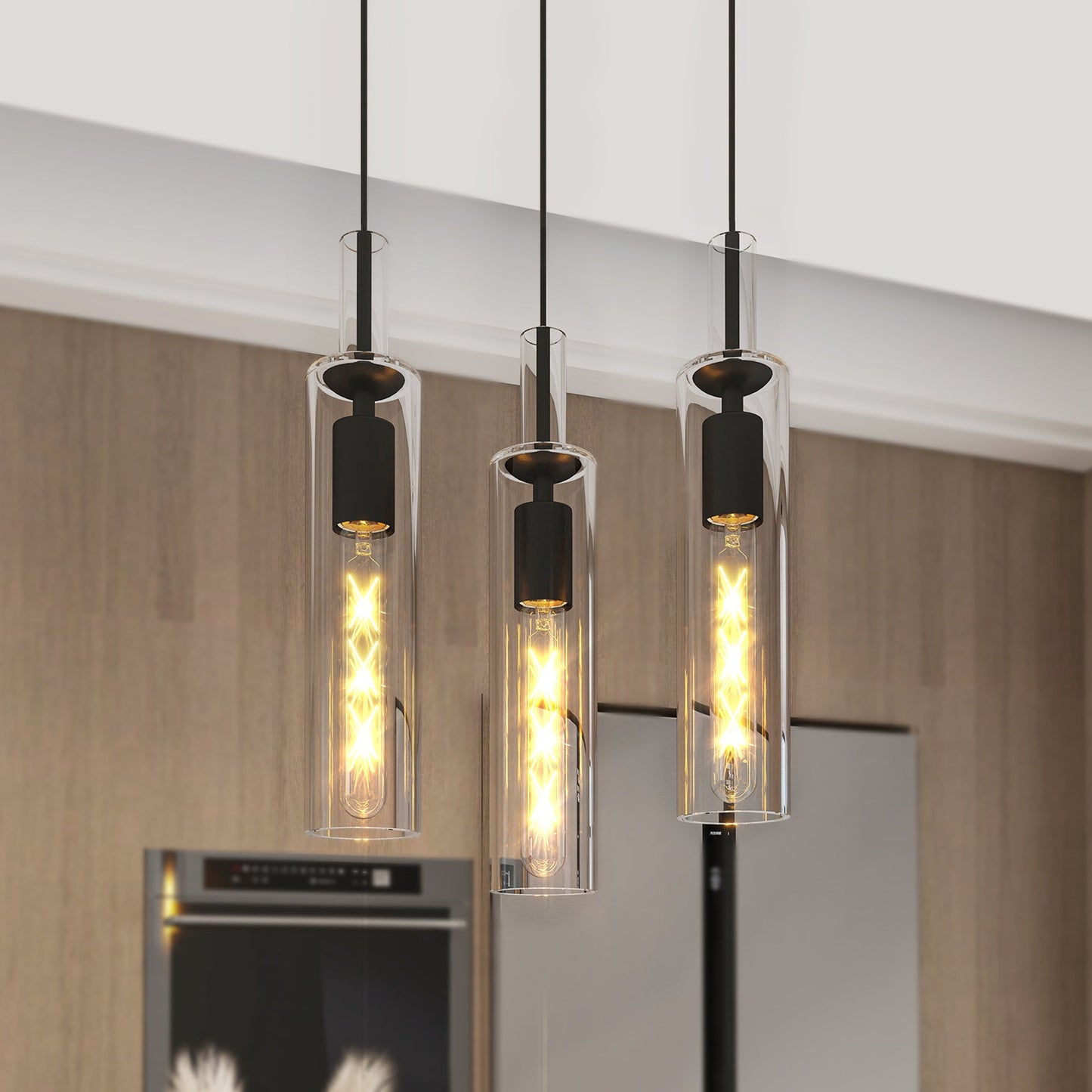 3 Pack Black Pendant Lights Kitchen Island (No Bulbs), Adjustable Modern Glass Pendant Light Over Island, Industrial Pendant Light Fixtures for Dining Room Hallway Bedroom Living Room - 1st Choice Furniture Direct