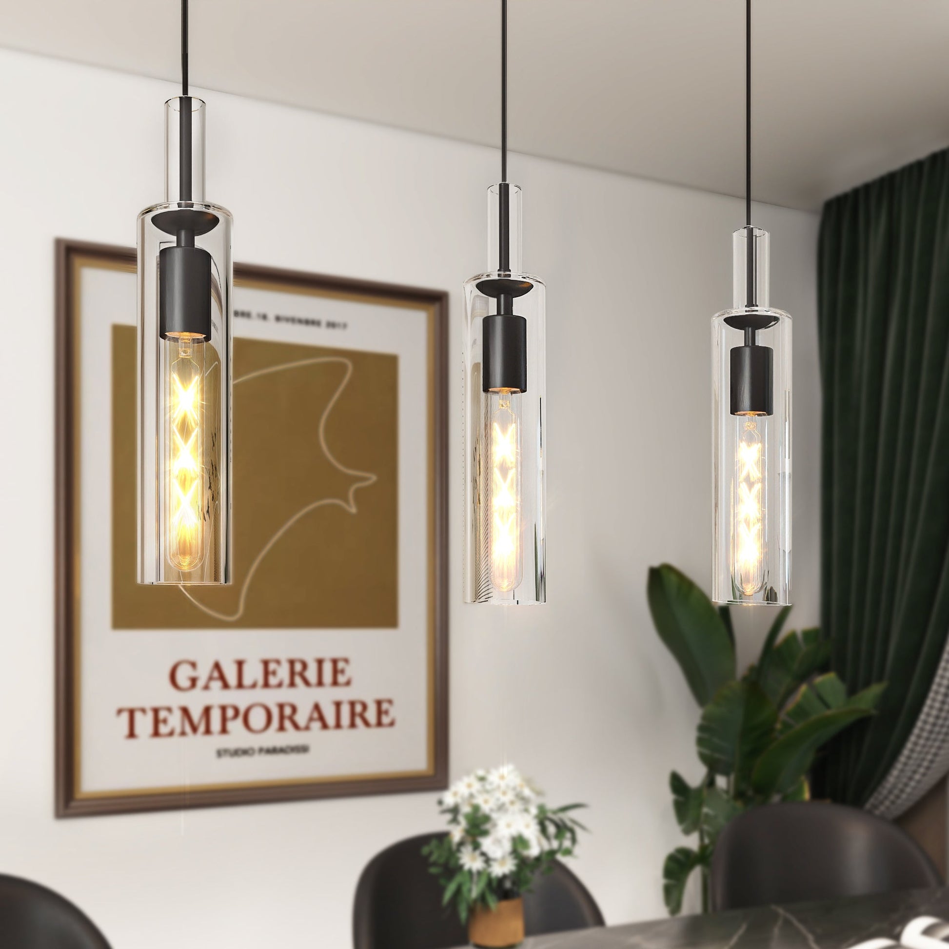 3 Pack Black Pendant Lights Kitchen Island (No Bulbs), Adjustable Modern Glass Pendant Light Over Island, Industrial Pendant Light Fixtures for Dining Room Hallway Bedroom Living Room - 1st Choice Furniture Direct