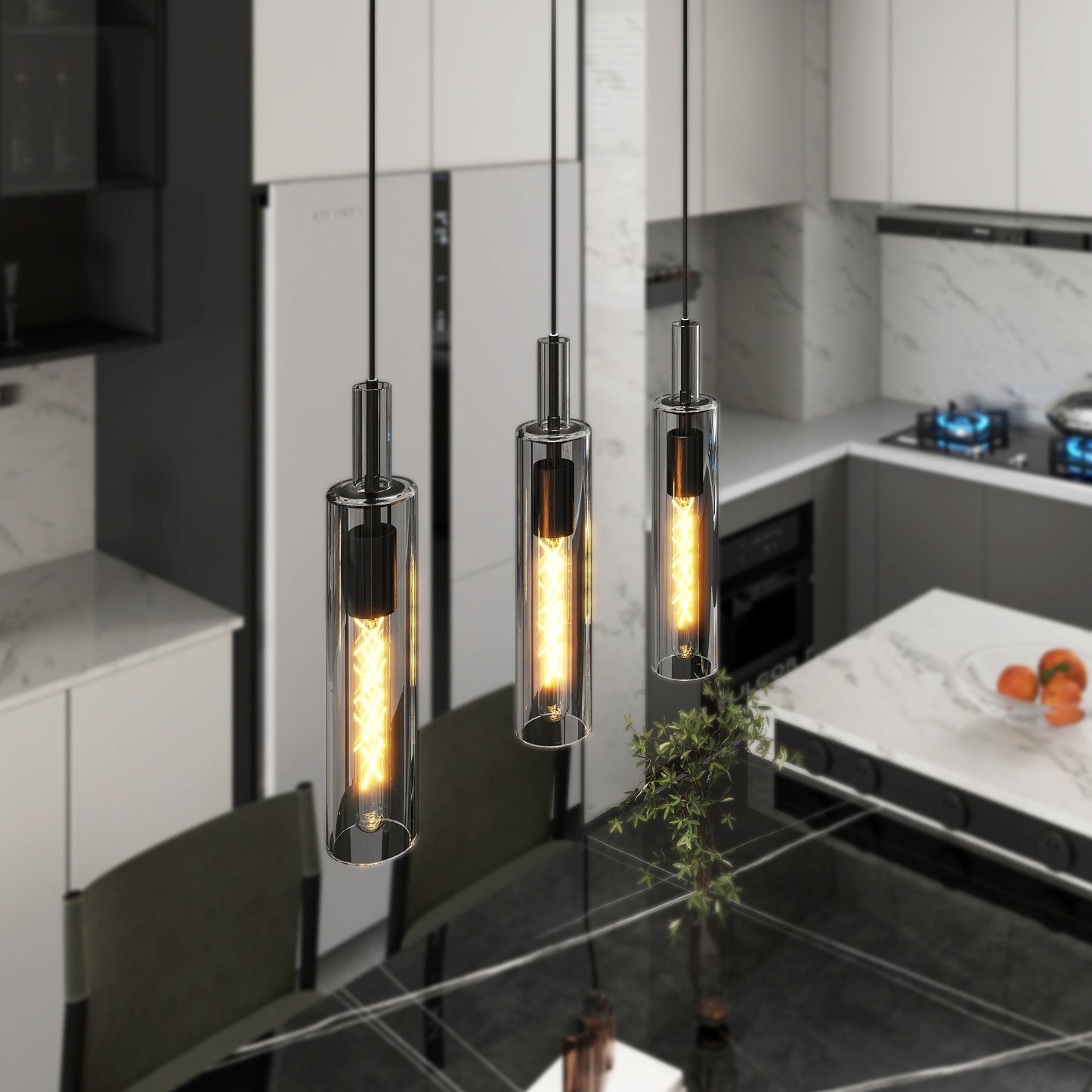 3 Pack Black Pendant Lights Kitchen Island (No Bulbs), Adjustable Modern Glass Pendant Light Over Island, Industrial Pendant Light Fixtures for Dining Room Hallway Bedroom Living Room - 1st Choice Furniture Direct