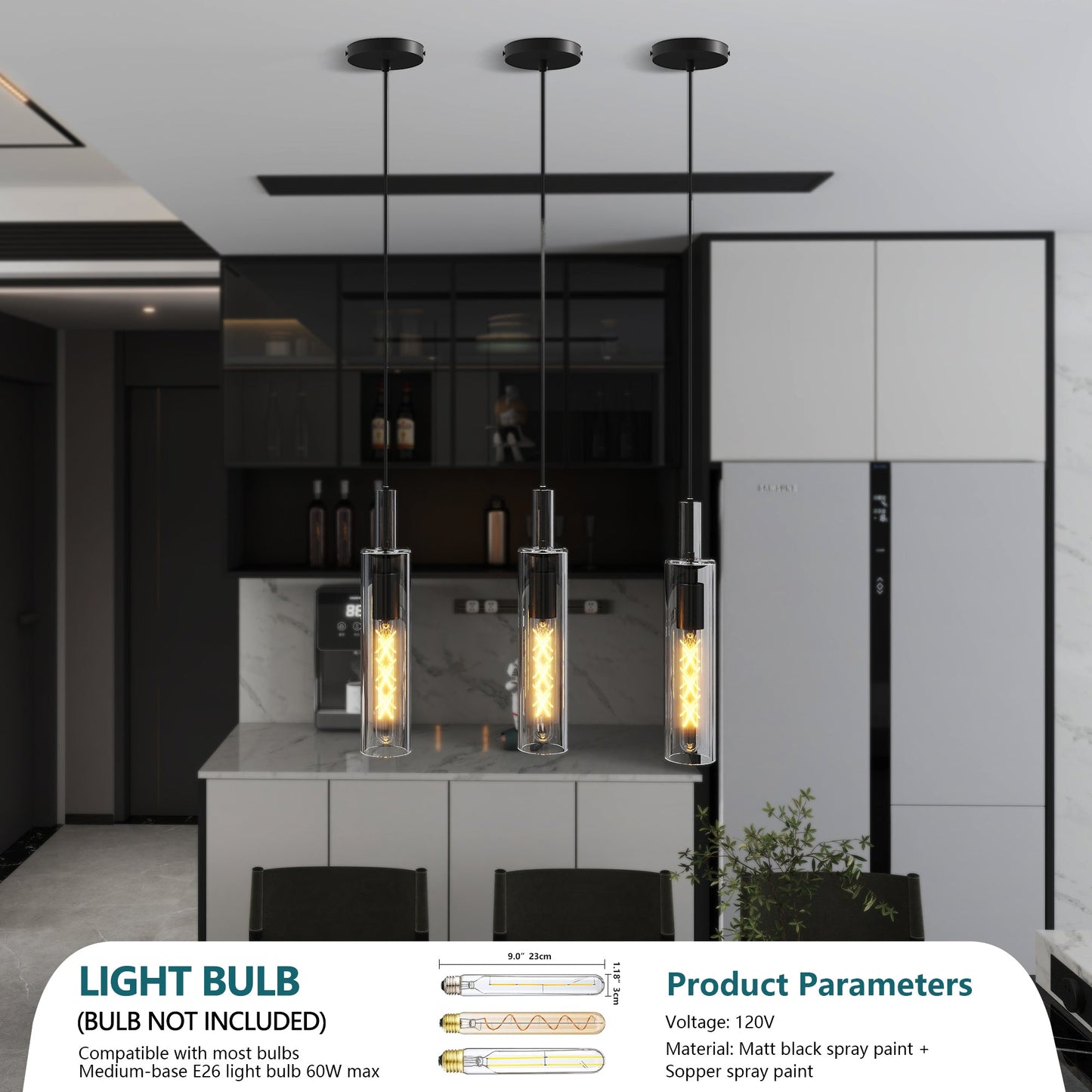 3 Pack Black Pendant Lights Kitchen Island (No Bulbs), Adjustable Modern Glass Pendant Light Over Island, Industrial Pendant Light Fixtures for Dining Room Hallway Bedroom Living Room - 1st Choice Furniture Direct