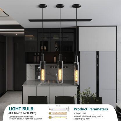 3 Pack Black Pendant Lights Kitchen Island (No Bulbs), Adjustable Modern Glass Pendant Light Over Island, Industrial Pendant Light Fixtures for Dining Room Hallway Bedroom Living Room - 1st Choice Furniture Direct