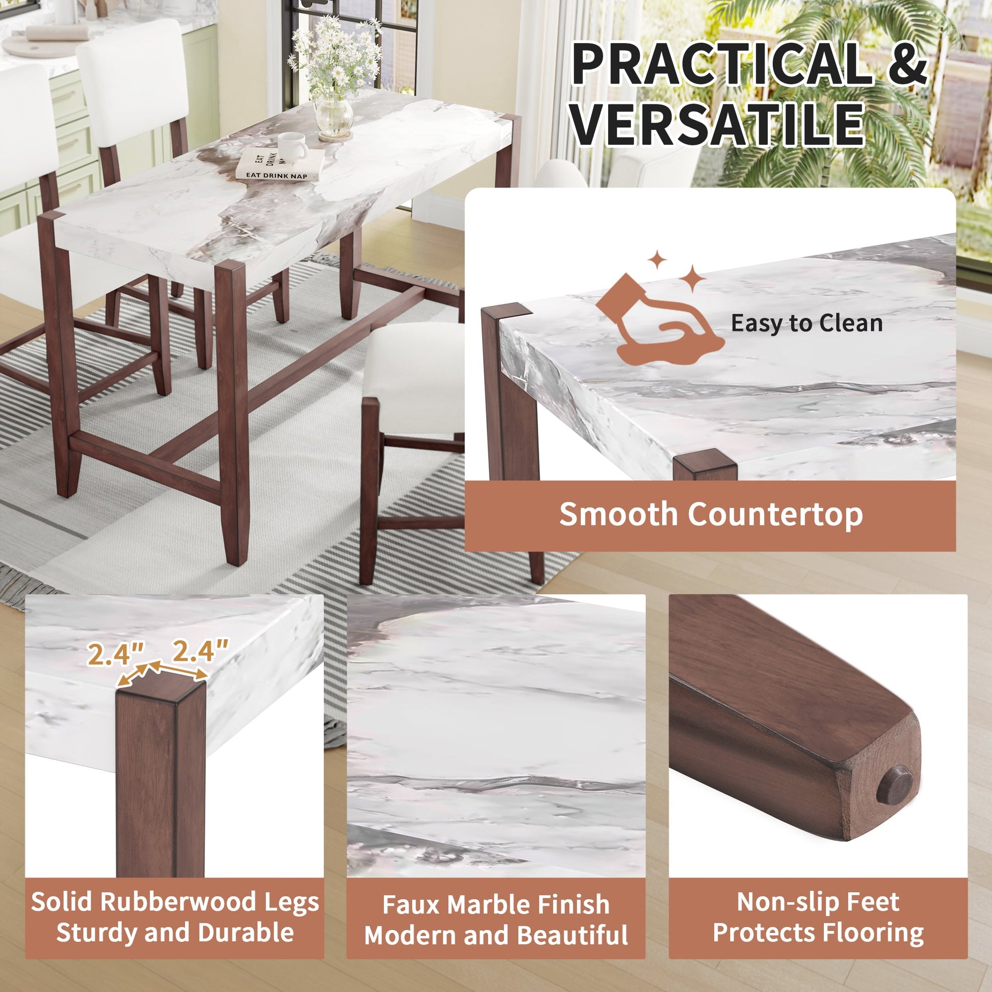 3 - Piece Counter Height Dining Set for 2 | Faux Marble Table & Upholstered Chairs - 1st Choice Furniture Direct