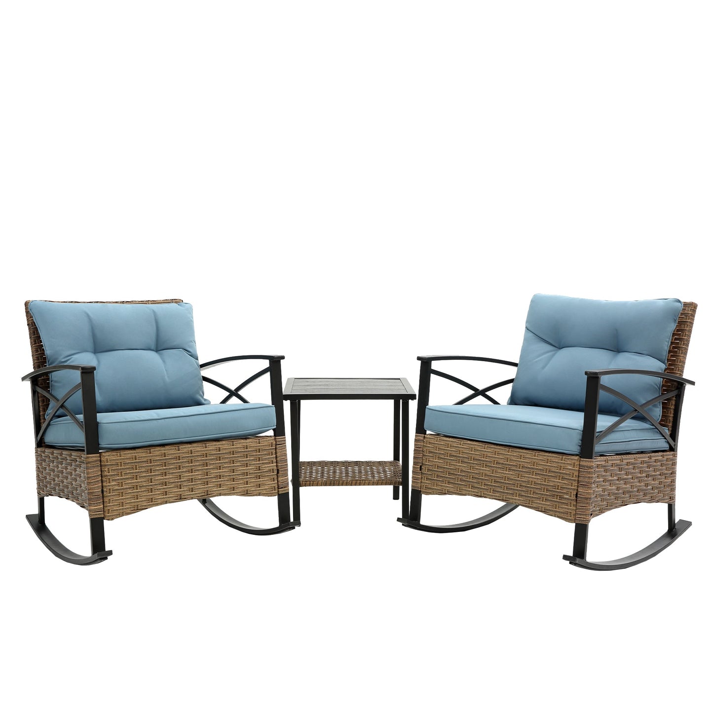 3 Piece Outdoor Rocking Chair Patio Set with Blue Cushions - 1st Choice Furniture Direct
