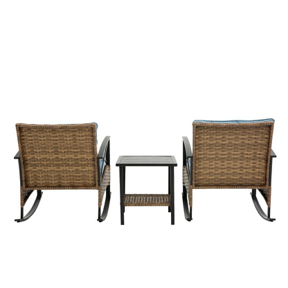 3 Piece Outdoor Rocking Chair Patio Set with Blue Cushions - 1st Choice Furniture Direct