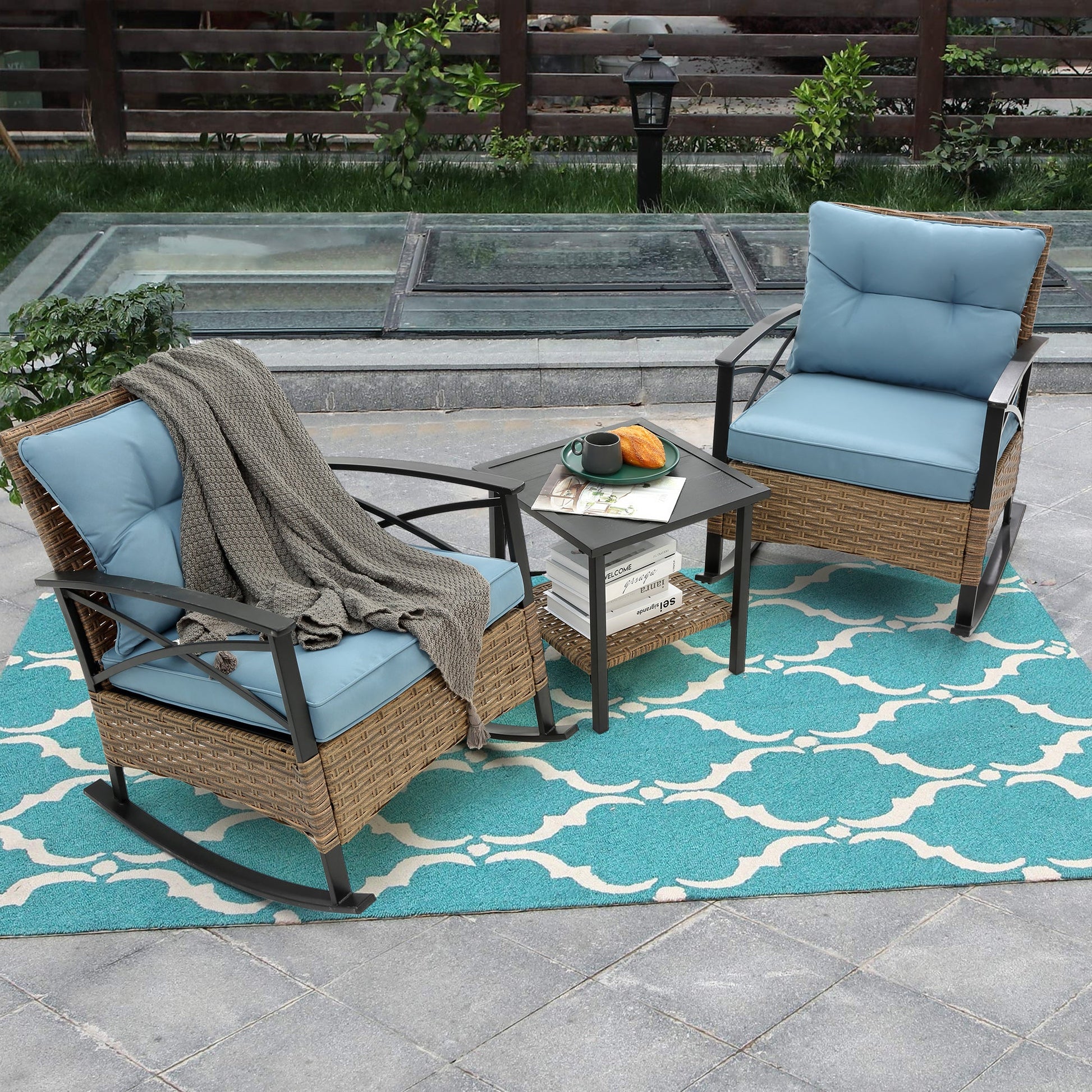 3 Piece Outdoor Rocking Chair Patio Set with Blue Cushions - 1st Choice Furniture Direct