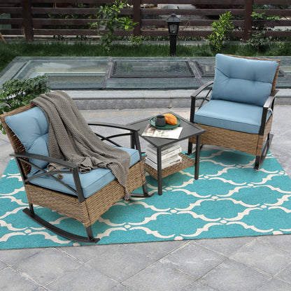 3 Piece Outdoor Rocking Chair Patio Set with Blue Cushions - 1st Choice Furniture Direct
