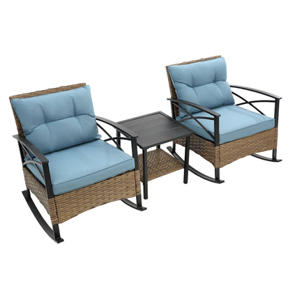 3 Piece Outdoor Rocking Chair Patio Set with Blue Cushions - 1st Choice Furniture Direct