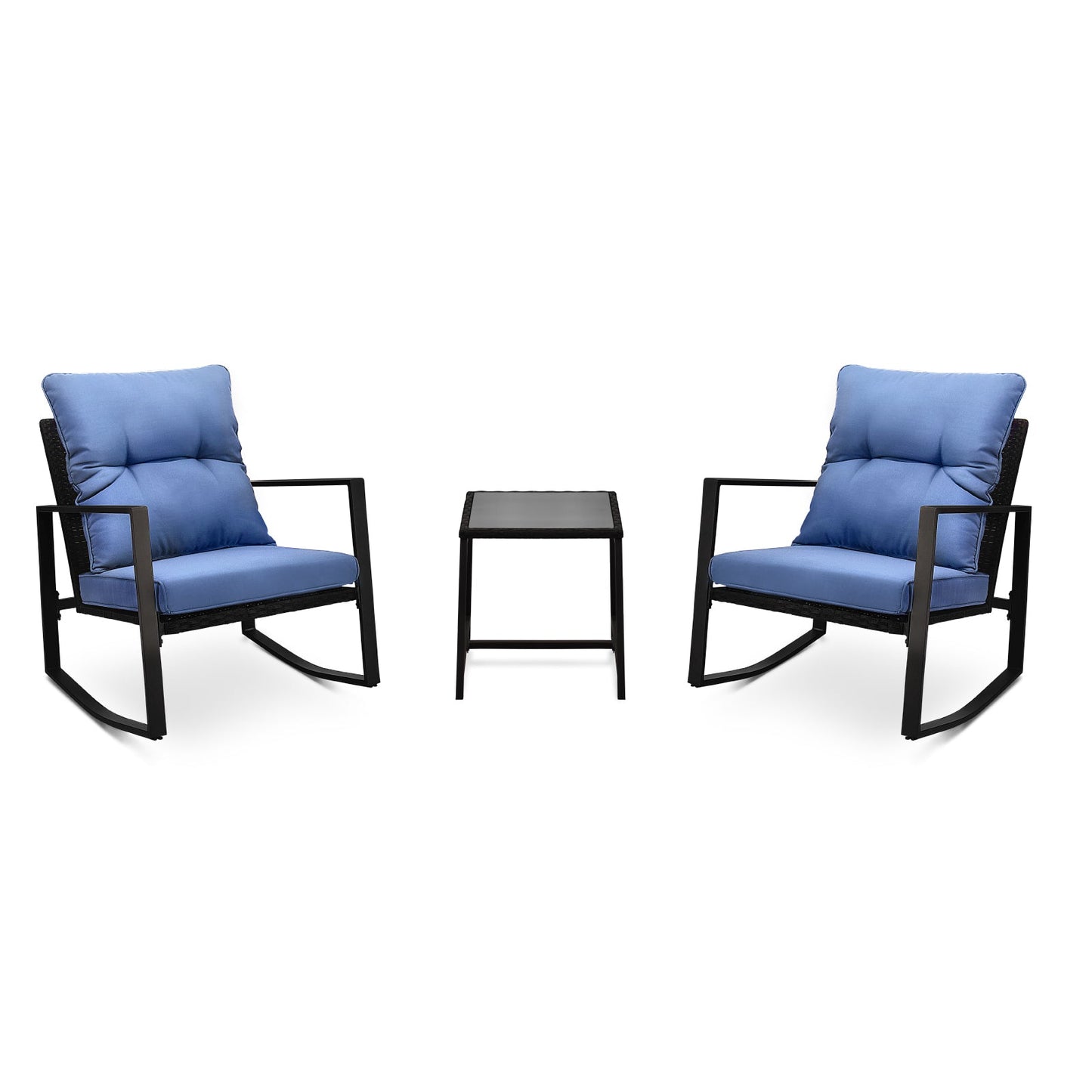 3 Piece Outdoor Wicker Bistro Set with Blue Cushions - 1st Choice Furniture Direct