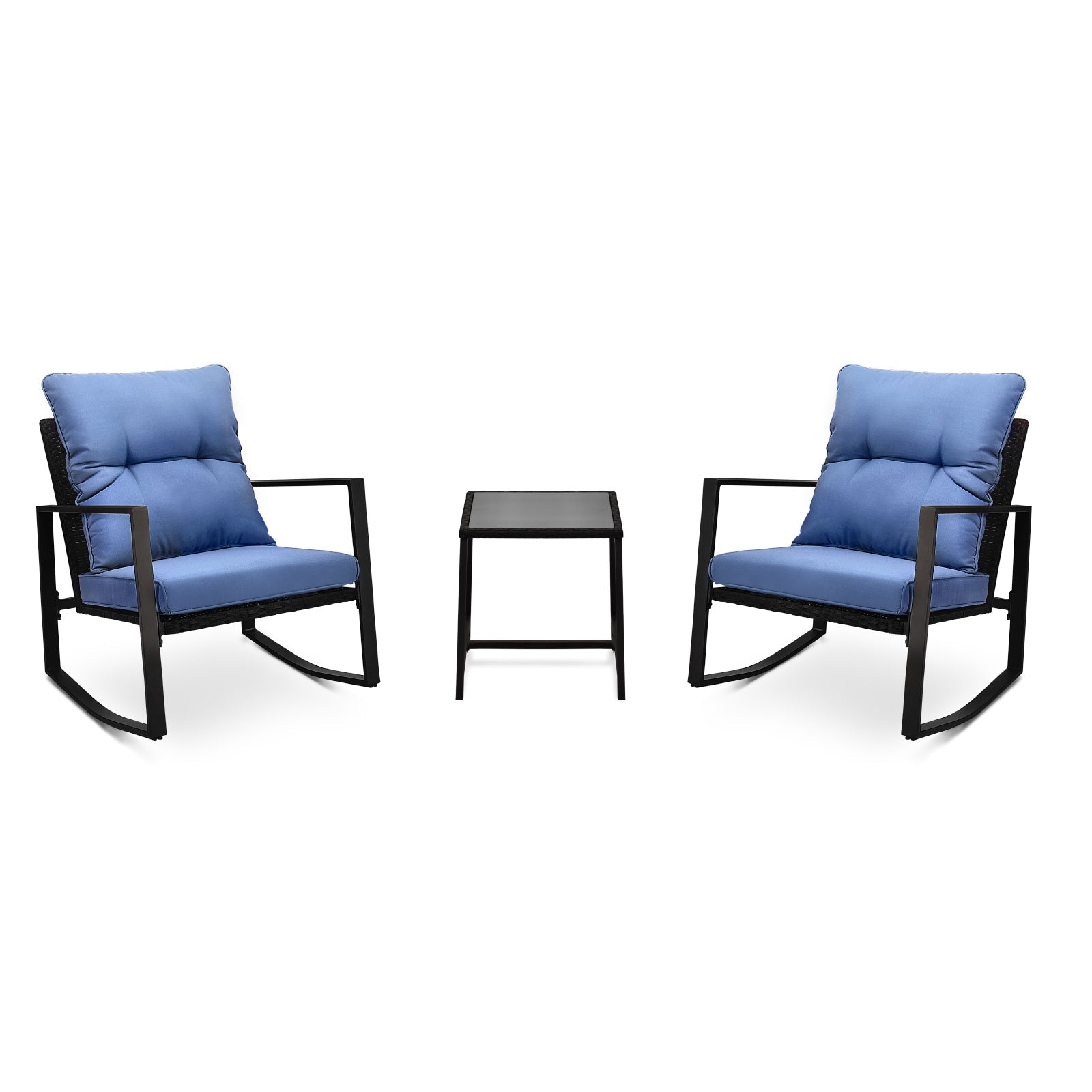 3 Piece Outdoor Wicker Bistro Set with Blue Cushions - 1st Choice Furniture Direct