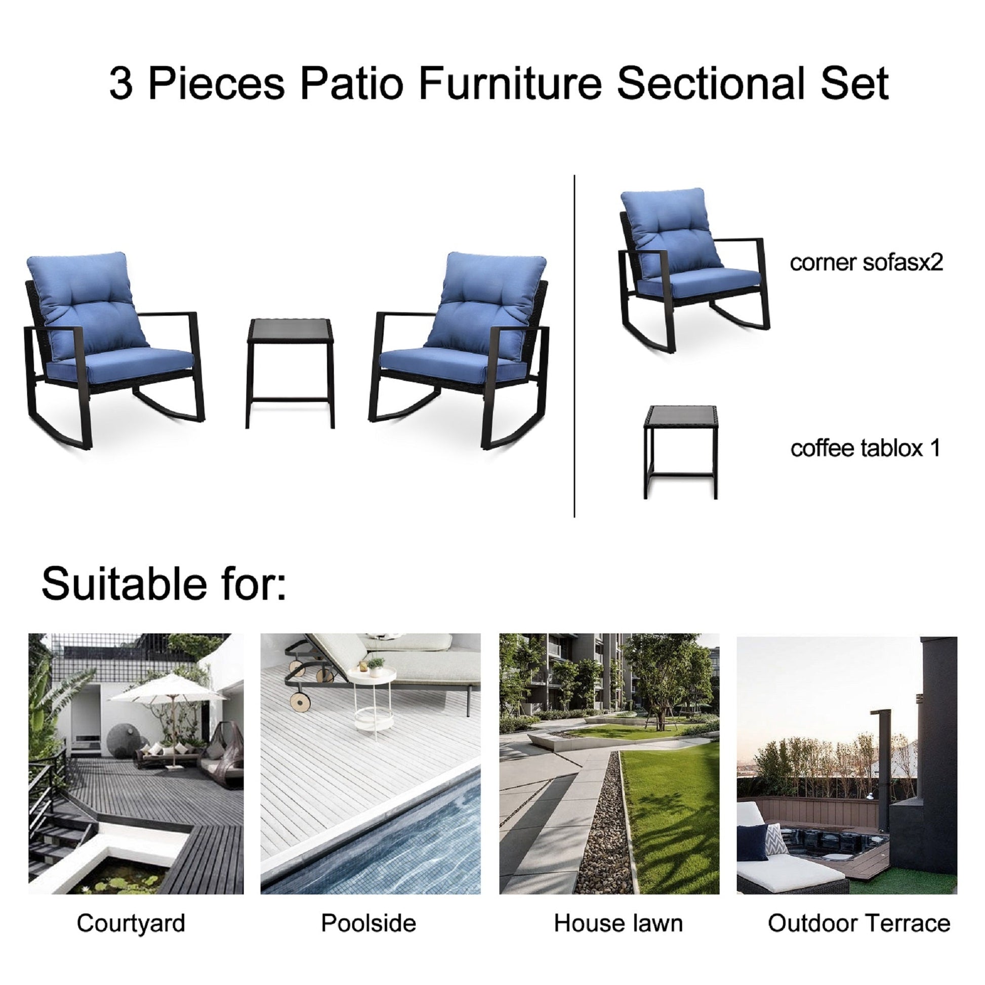 3 Piece Outdoor Wicker Bistro Set with Blue Cushions - 1st Choice Furniture Direct