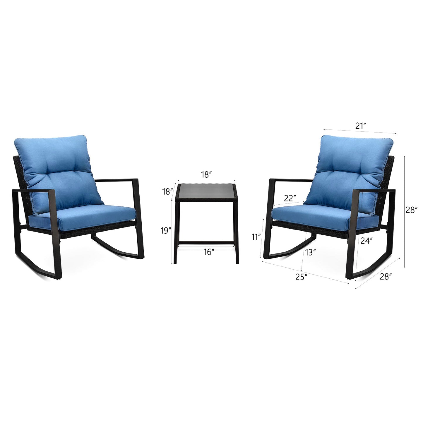 3 Piece Outdoor Wicker Bistro Set with Blue Cushions - 1st Choice Furniture Direct