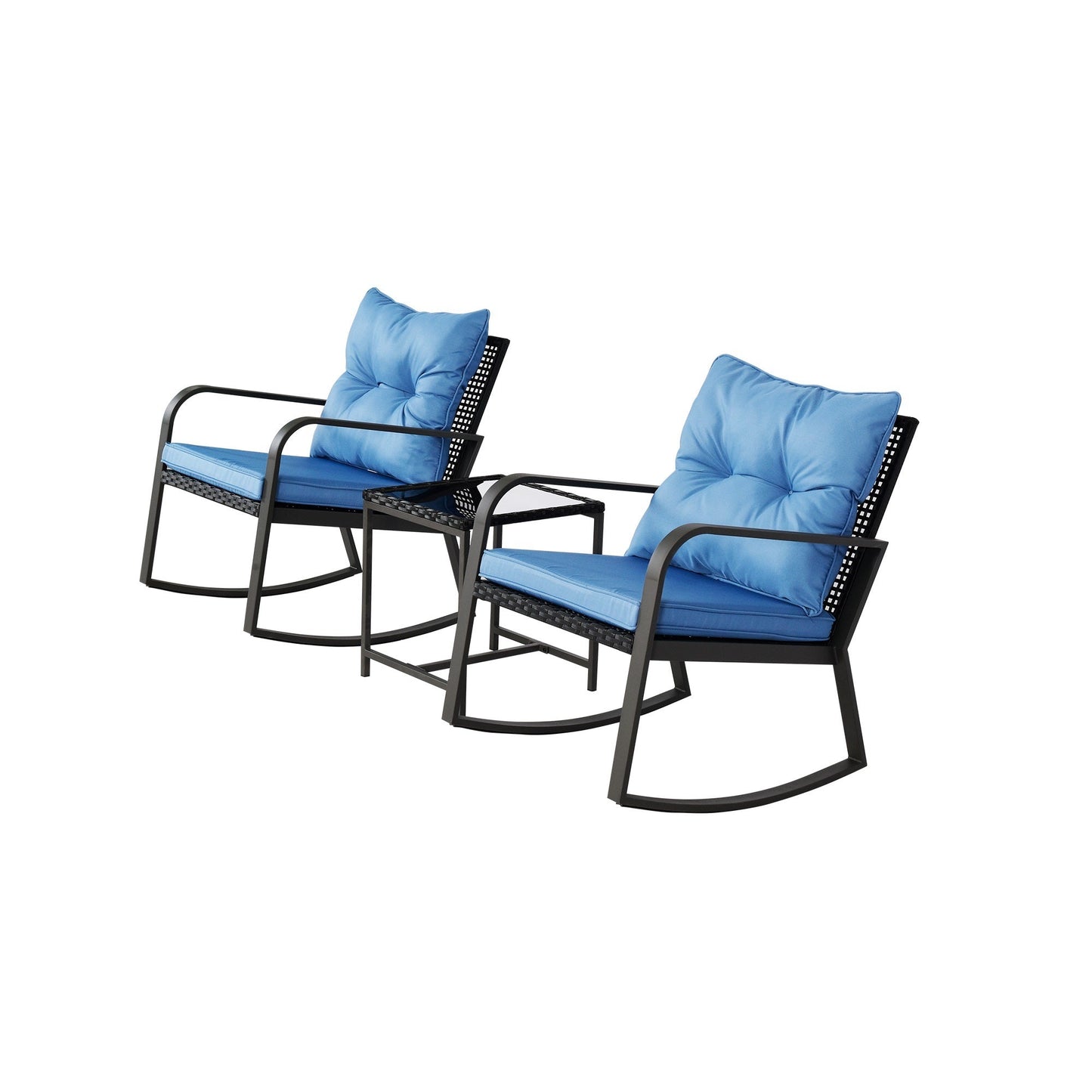 3 Piece Outdoor Wicker Bistro Set with Blue Cushions - 1st Choice Furniture Direct