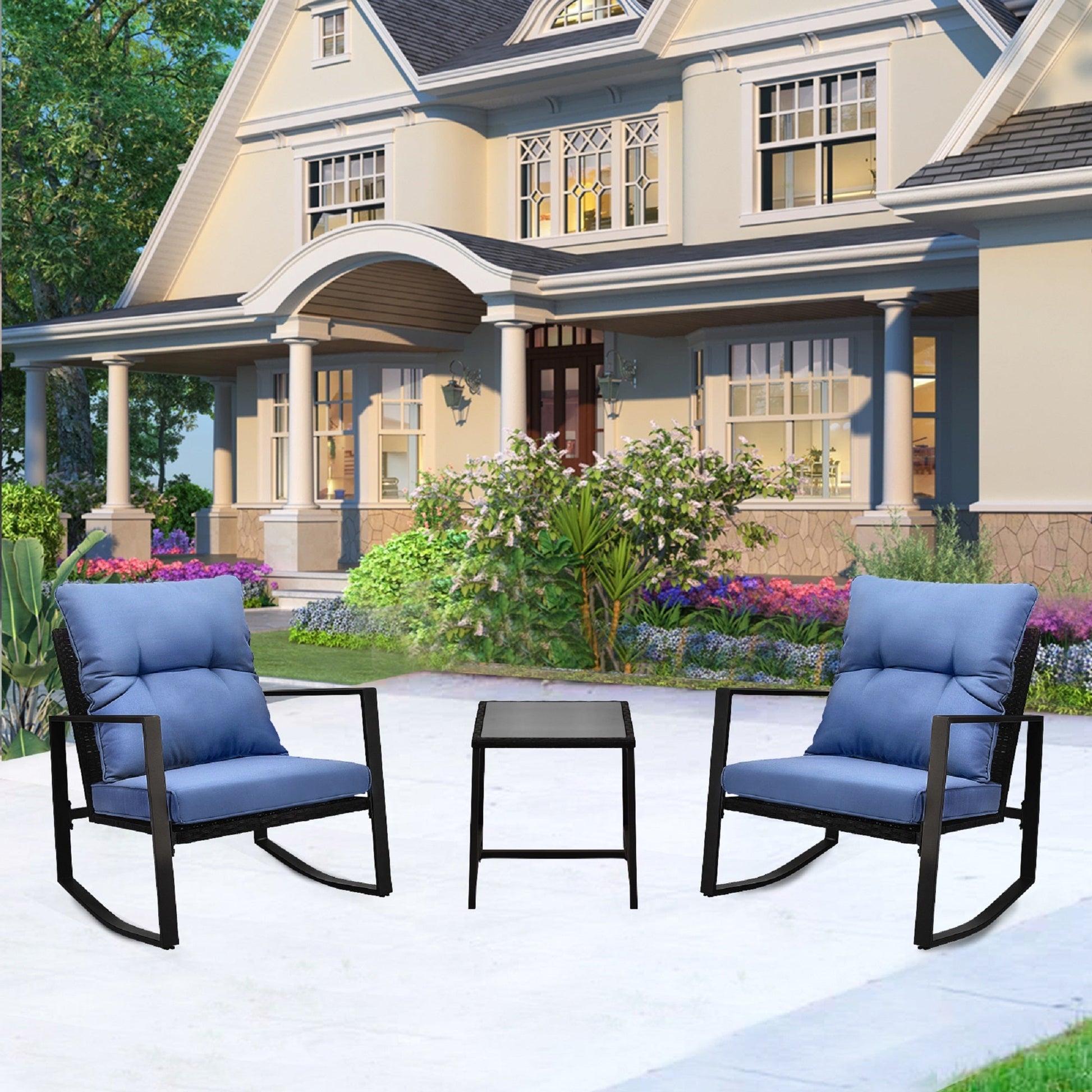 3 Piece Outdoor Wicker Bistro Set with Blue Cushions - 1st Choice Furniture Direct