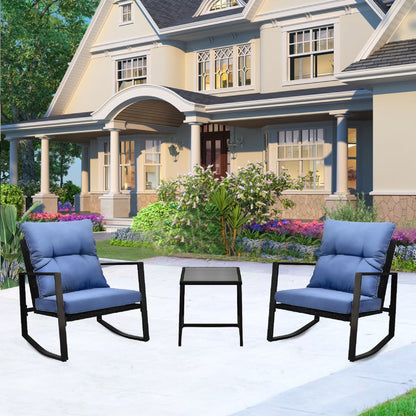 3 Piece Outdoor Wicker Bistro Set with Blue Cushions - 1st Choice Furniture Direct