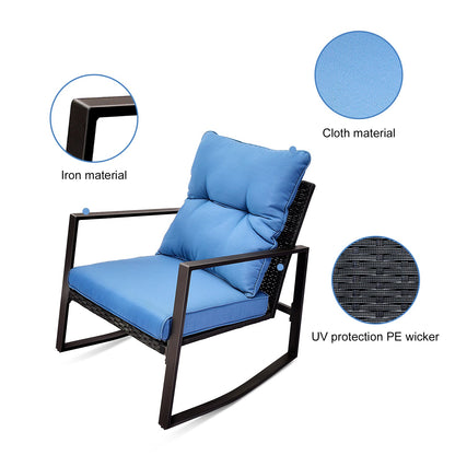 3 Piece Outdoor Wicker Bistro Set with Blue Cushions - 1st Choice Furniture Direct