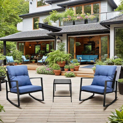 3 Piece Outdoor Wicker Bistro Set with Blue Cushions - 1st Choice Furniture Direct