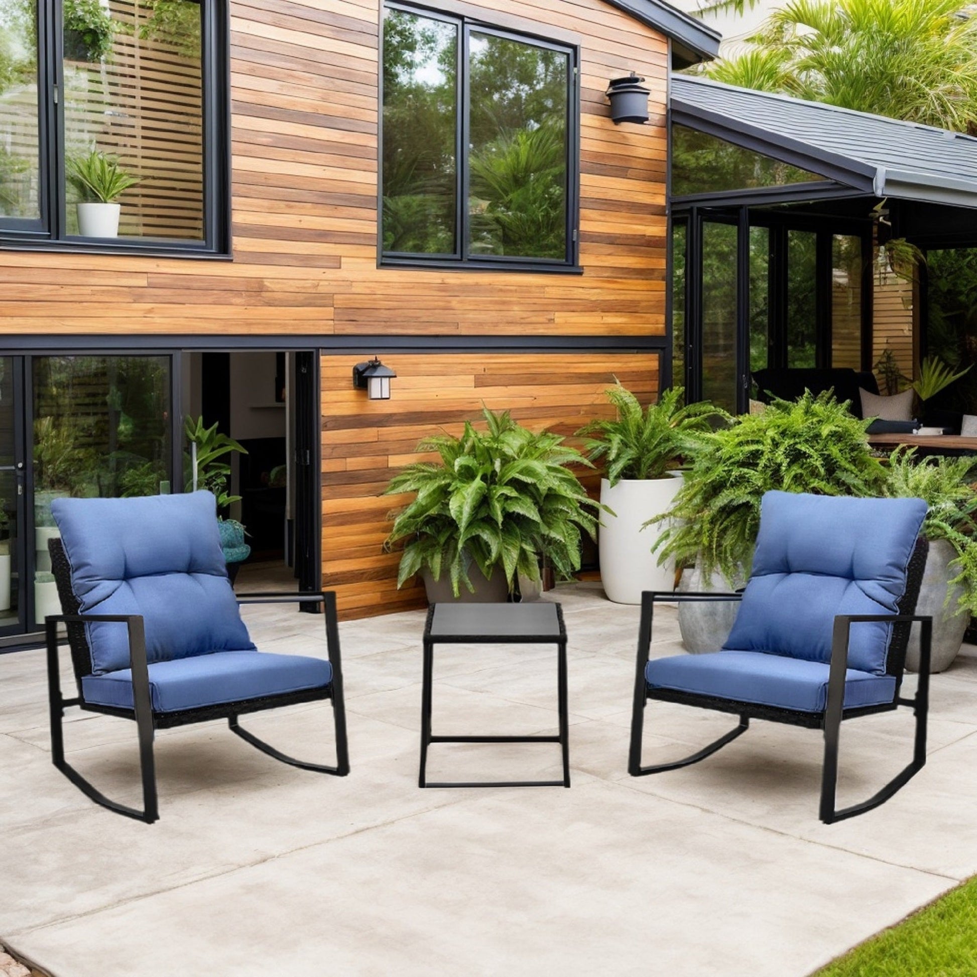 3 Piece Outdoor Wicker Bistro Set with Blue Cushions - 1st Choice Furniture Direct