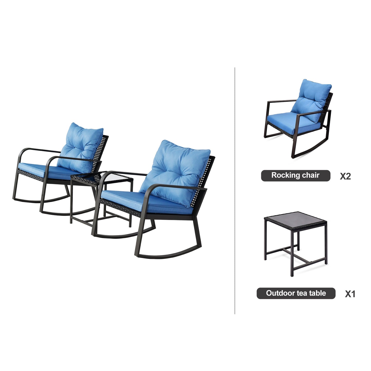 3 Piece Outdoor Wicker Bistro Set with Blue Cushions - 1st Choice Furniture Direct