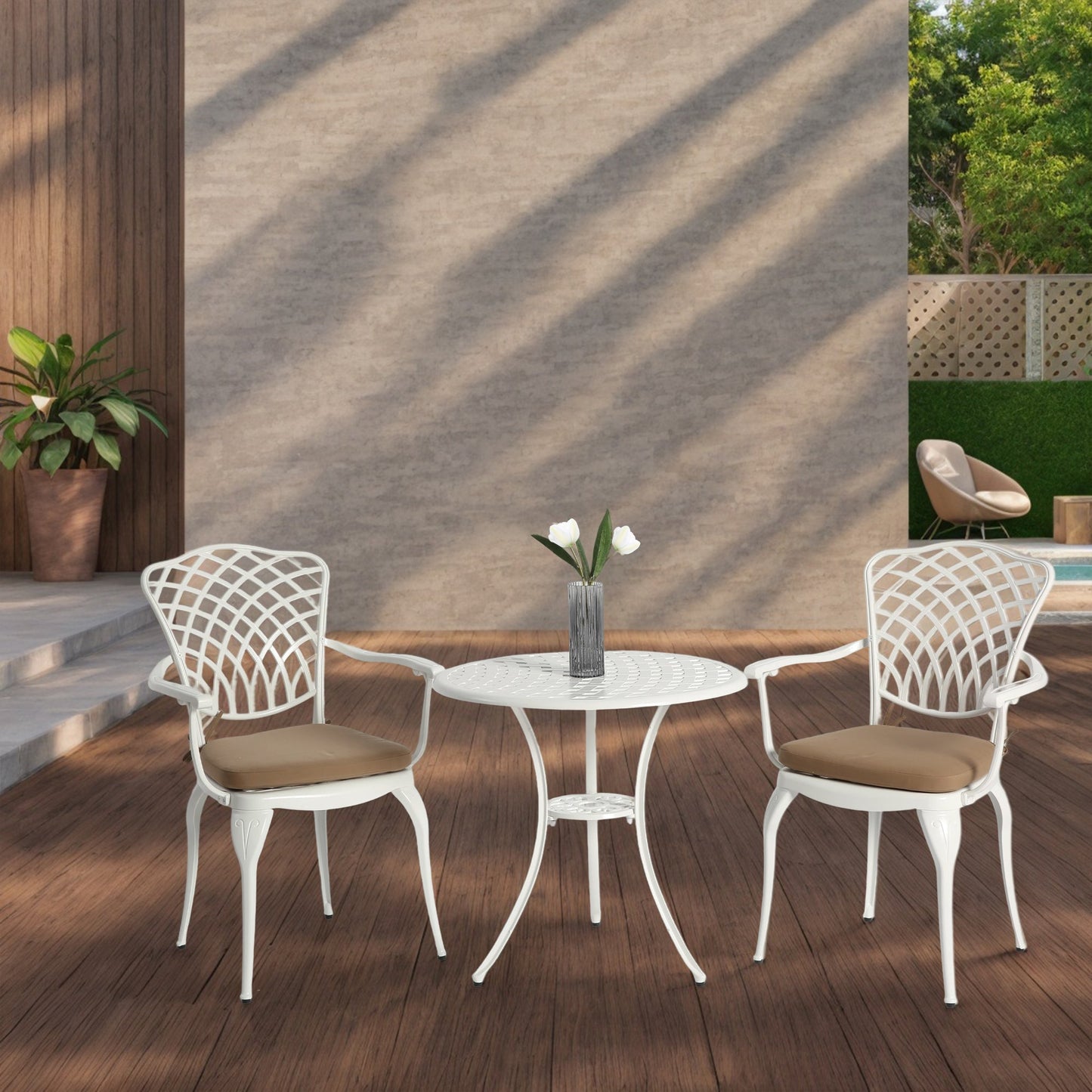 3 Piece Patio Bistro Set Cast Aluminum Bistro Table and Chairs Set of 2 with Umbrella Hole,All Weather Metal Bistro Table Set,Outdoor Patio Furniture Set for Garden with cushion White - 1st Choice Furniture Direct
