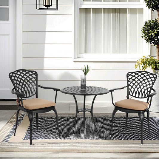 3 Piece Patio Bistro Set Cast Aluminum Bistro Table and Chairs Set of 2 with Umbrella Hole,All Weather Metal Bistro Table Set,Outdoor Patio Furniture Set for Garden Black with cushion - 1st Choice Furniture Direct