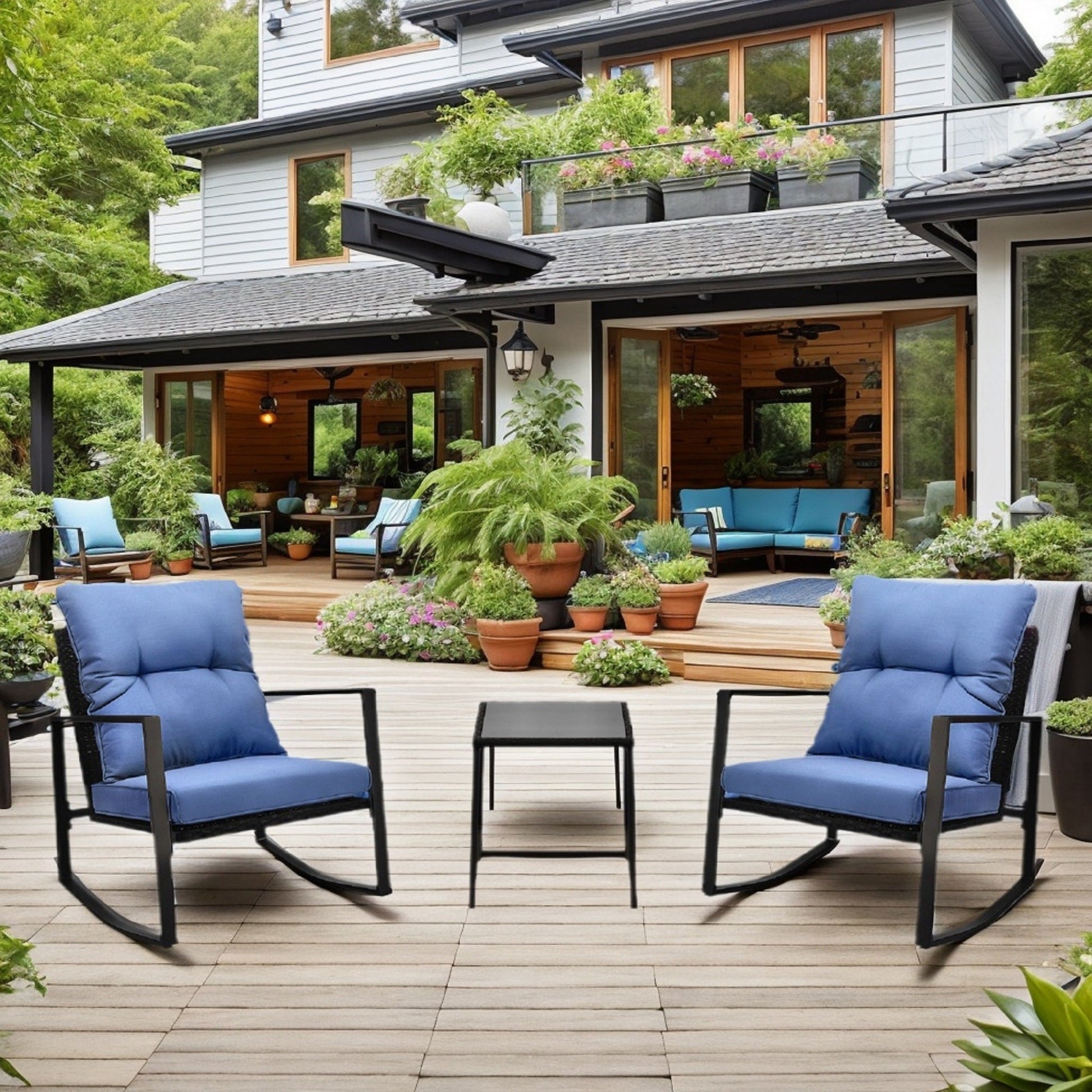3 Pieces Patio Bistro Set Outdoor Rocking Chair w Blue Cushion for Yard Garden Poolside - 1st Choice Furniture Direct