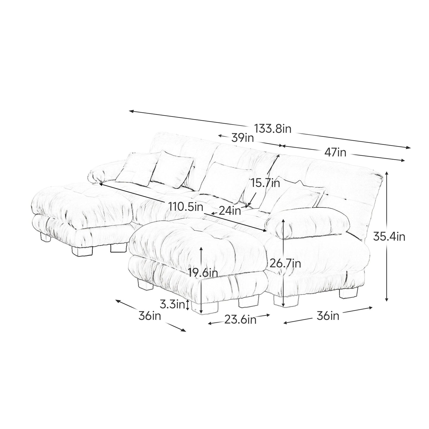 3 Seater Chenille Sofa with Ottomans – Light Coffee Cloud Couch - 1st Choice Furniture Direct