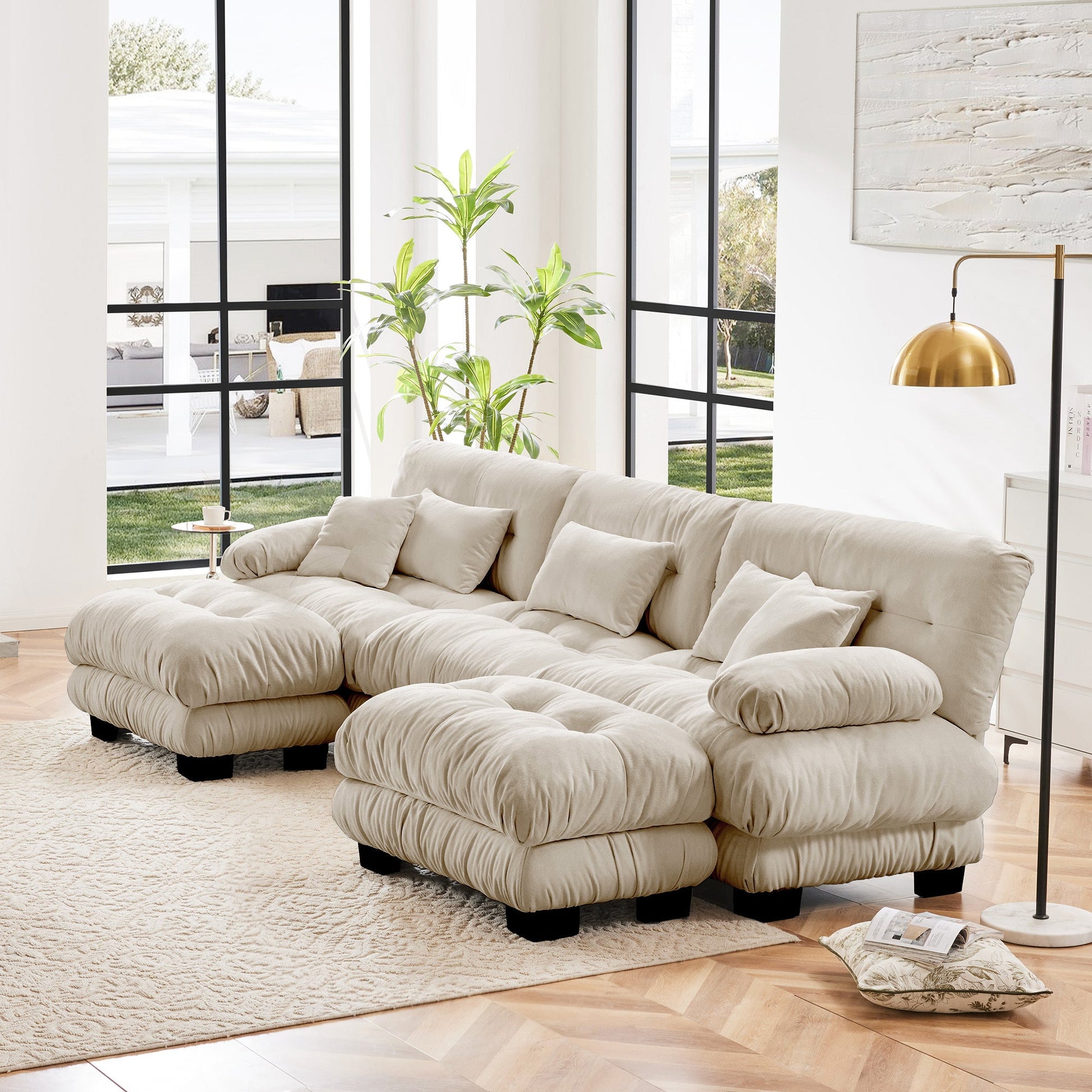 3 Seater Chenille Sofa with Ottomans – Light Coffee Cloud Couch - 1st Choice Furniture Direct