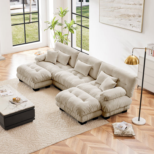 3 Seater Chenille Sofa with Ottomans – Light Coffee Cloud Couch - 1st Choice Furniture Direct