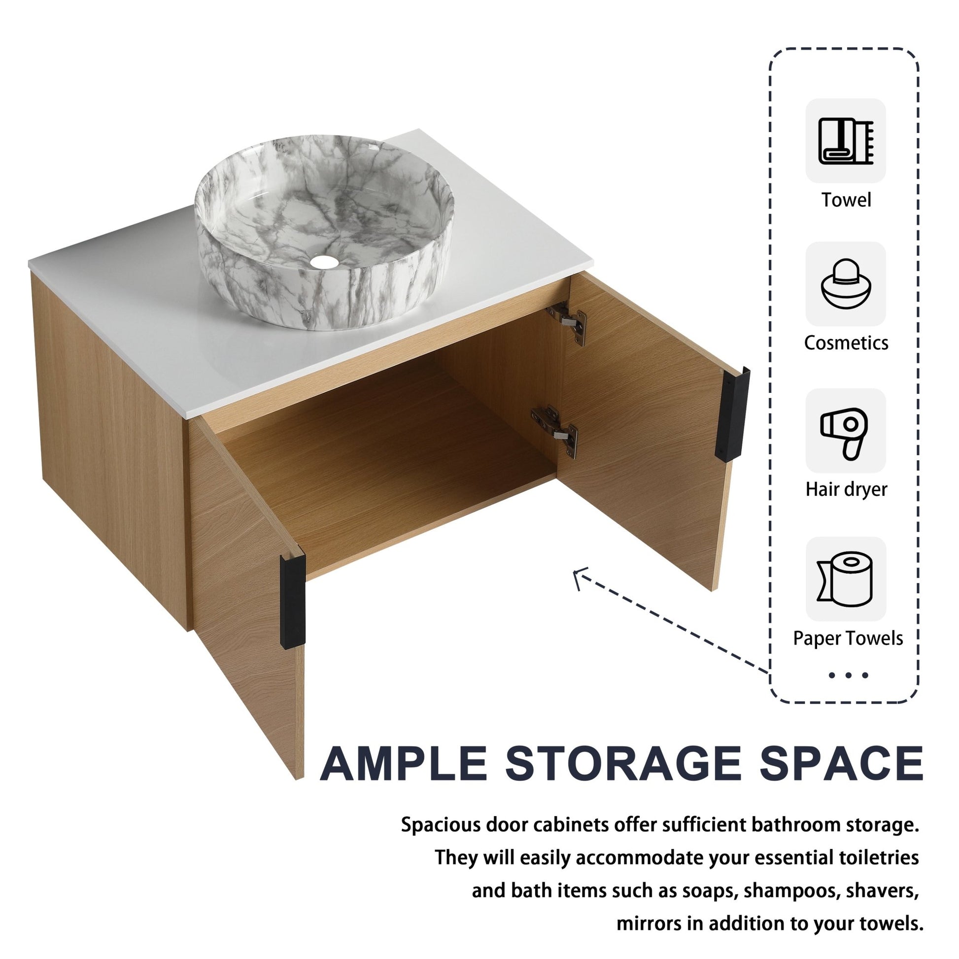 30' Bathroom Vanity With Top Ceramic Art Sink and Artificial Stone Slab, 2 - Soft Close Door, Wall - Mounted Mounting Design, Plywood (KD - Packing) - 1st Choice Furniture Direct
