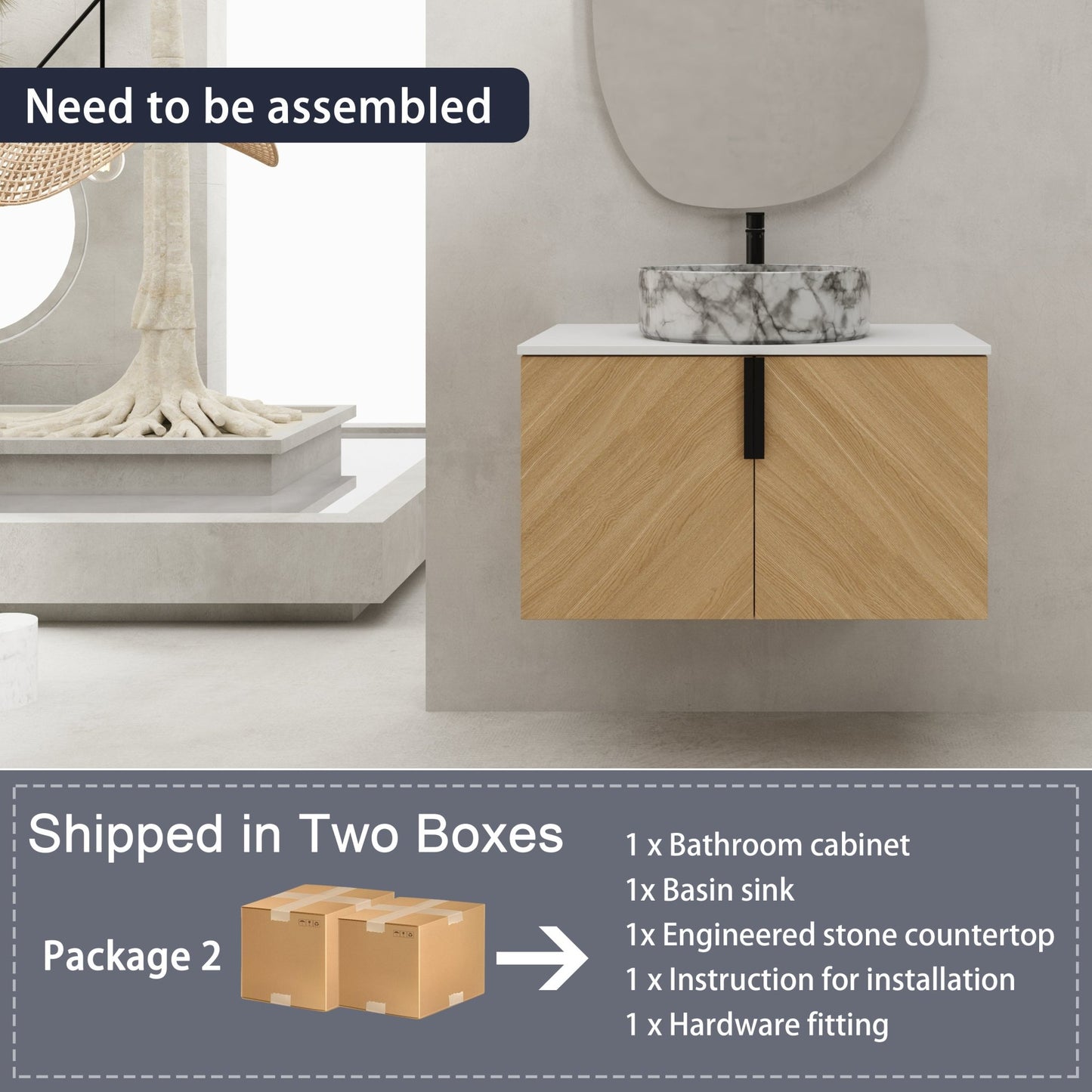 30' Bathroom Vanity With Top Ceramic Art Sink and Artificial Stone Slab, 2 - Soft Close Door, Wall - Mounted Mounting Design, Plywood (KD - Packing) - 1st Choice Furniture Direct