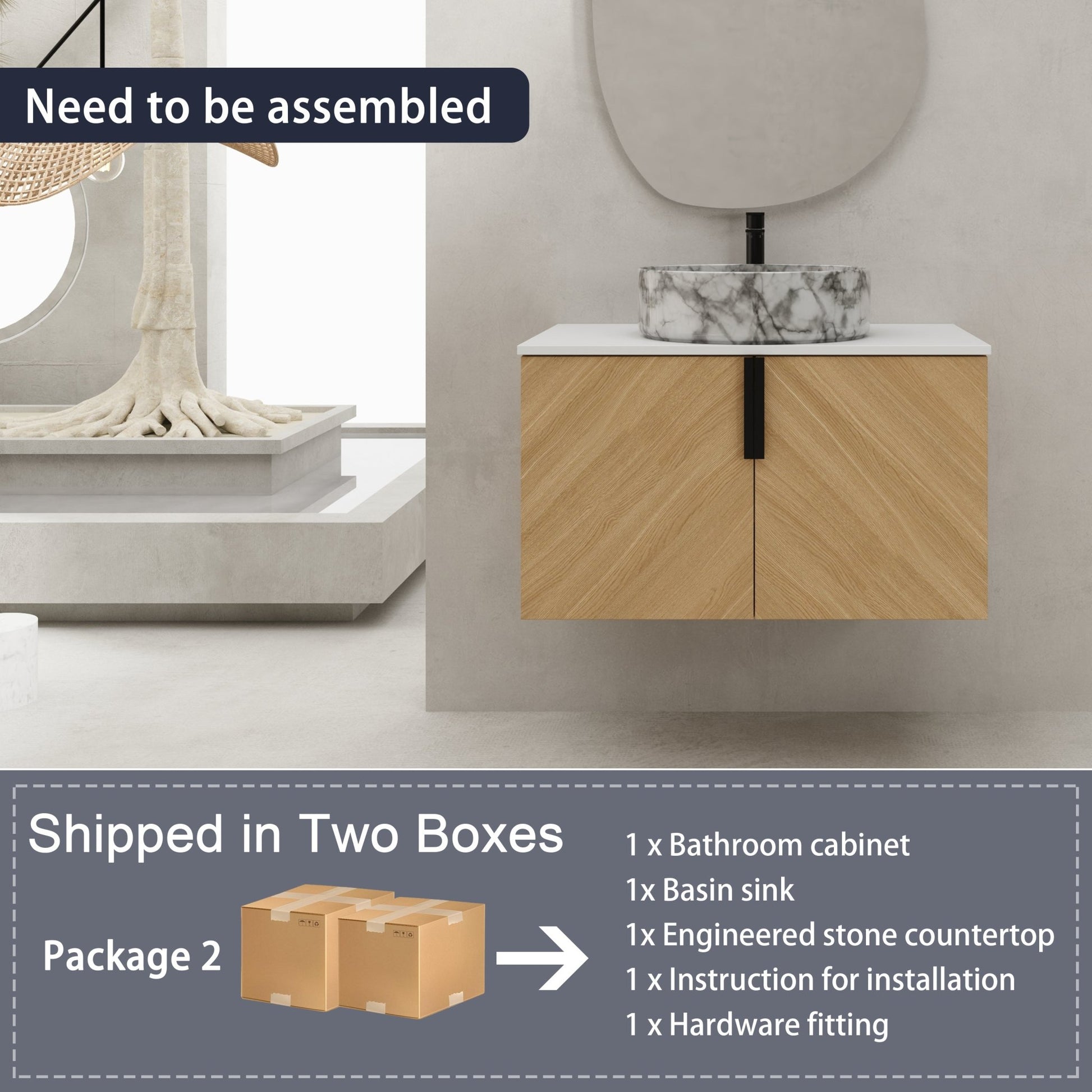 30' Bathroom Vanity With Top Ceramic Art Sink and Artificial Stone Slab, 2 - Soft Close Door, Wall - Mounted Mounting Design, Plywood (KD - Packing) - 1st Choice Furniture Direct