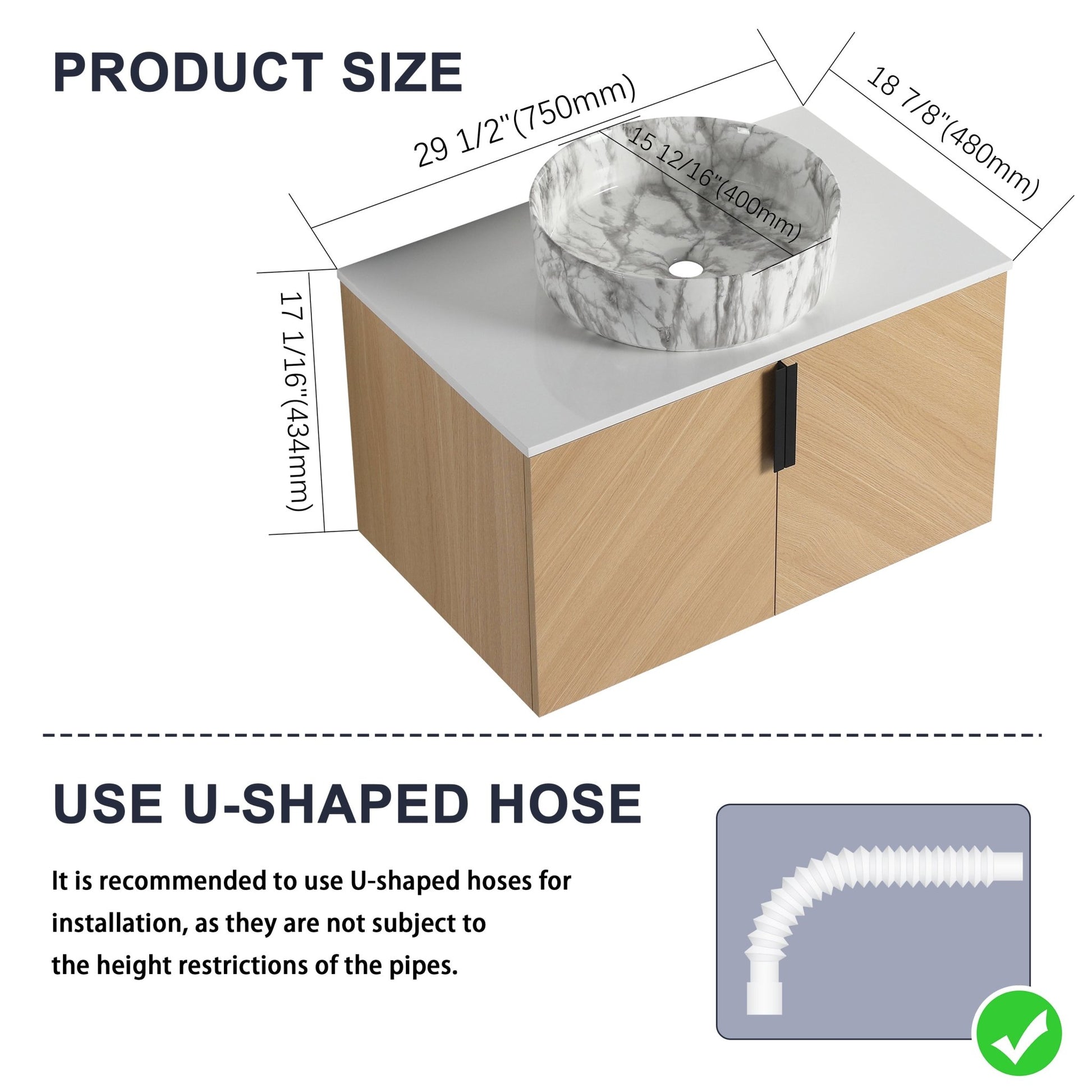 30' Bathroom Vanity With Top Ceramic Art Sink and Artificial Stone Slab, 2 - Soft Close Door, Wall - Mounted Mounting Design, Plywood (KD - Packing) - 1st Choice Furniture Direct