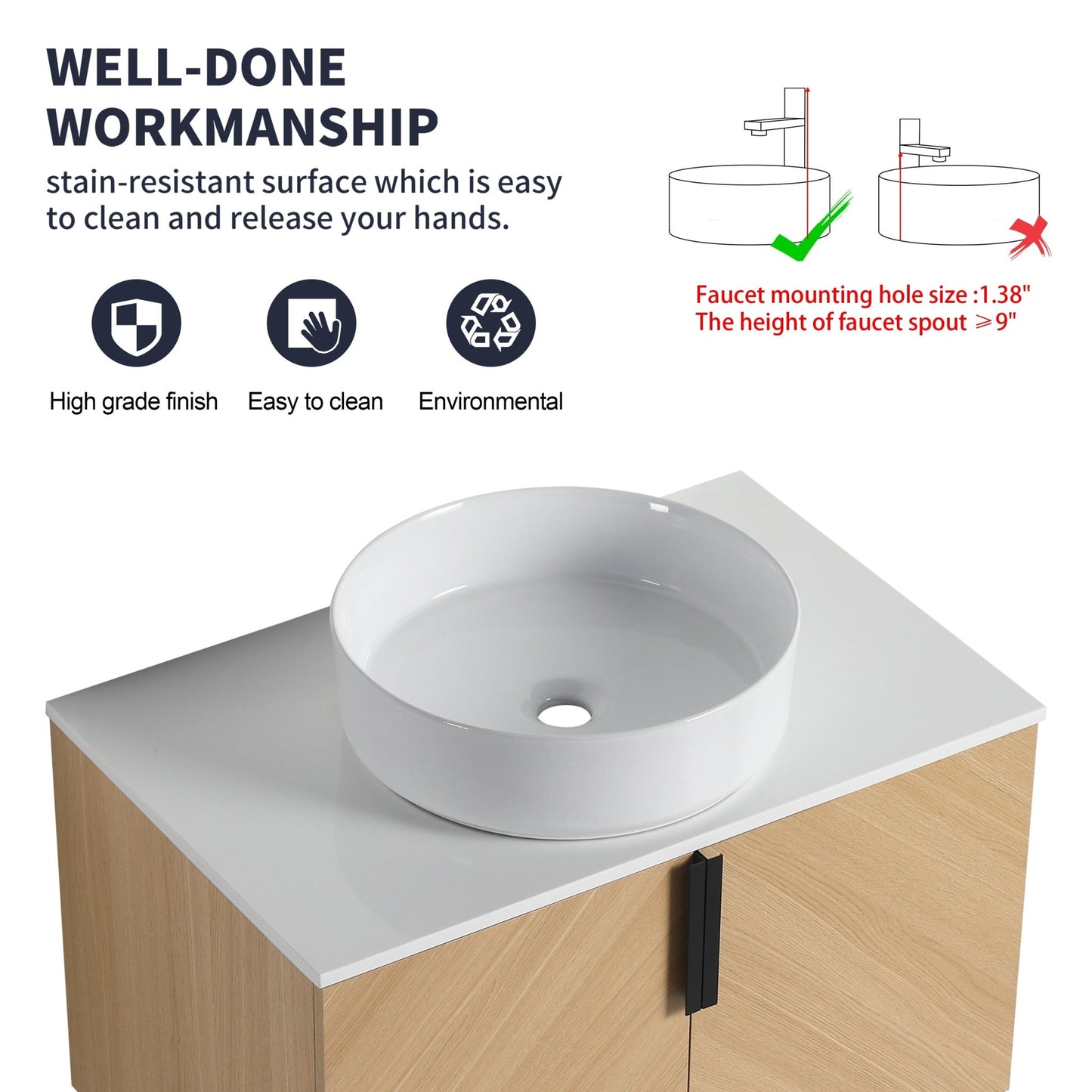30' Bathroom Vanity With Top Ceramic Art Sink and Artificial Stone Slab, 2 - Soft Close Door, Wall - Mounted Mounting Design, Plywood (KD - Packing) - 1st Choice Furniture Direct