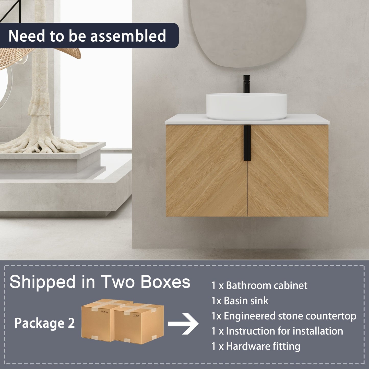 30' Bathroom Vanity With Top Ceramic Art Sink and Artificial Stone Slab, 2 - Soft Close Door, Wall - Mounted Mounting Design, Plywood (KD - Packing) - 1st Choice Furniture Direct