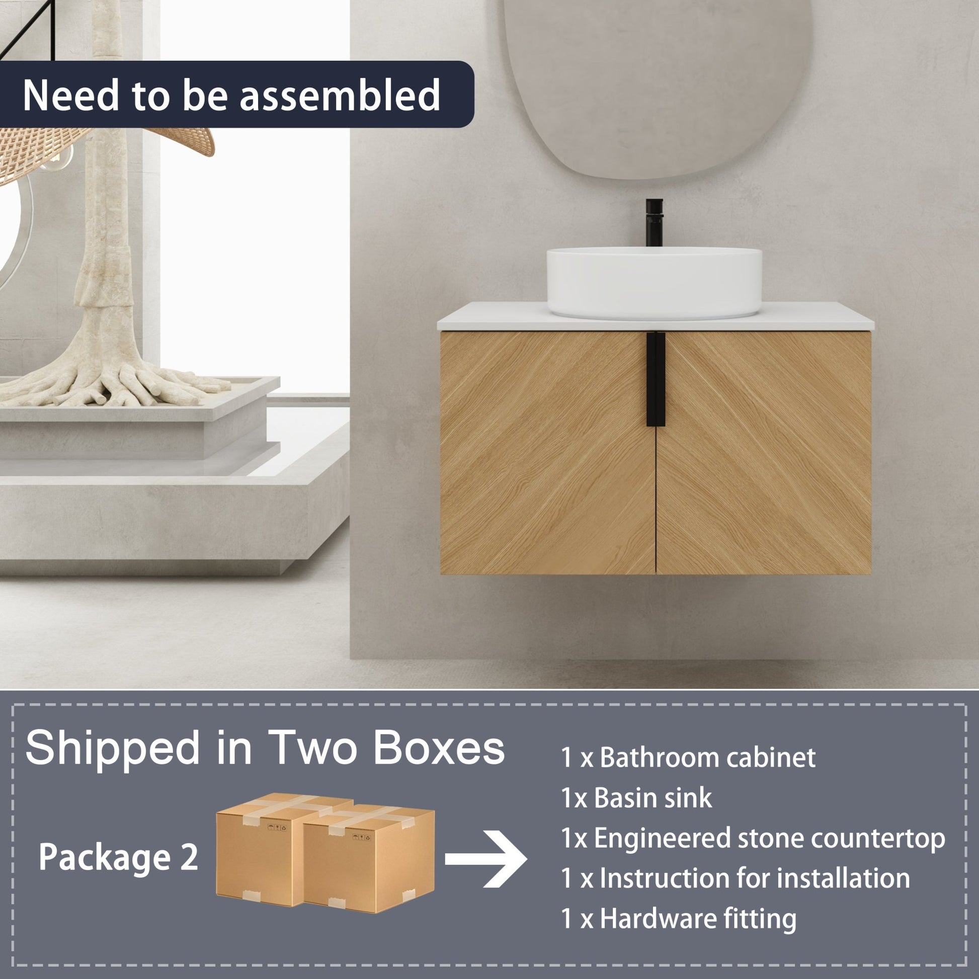 30' Bathroom Vanity With Top Ceramic Art Sink and Artificial Stone Slab, 2 - Soft Close Door, Wall - Mounted Mounting Design, Plywood (KD - Packing) - 1st Choice Furniture Direct