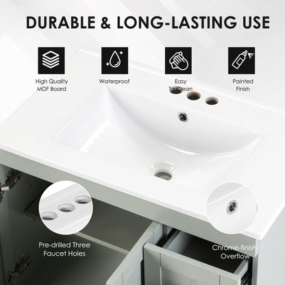 30' Blue Grey Bathroom Vanity with Ceramic Sink - Soft - Close Drawers, Solid Wood Frame, Multi - Organizer Storage ,76x47x85cm - 1st Choice Furniture Direct